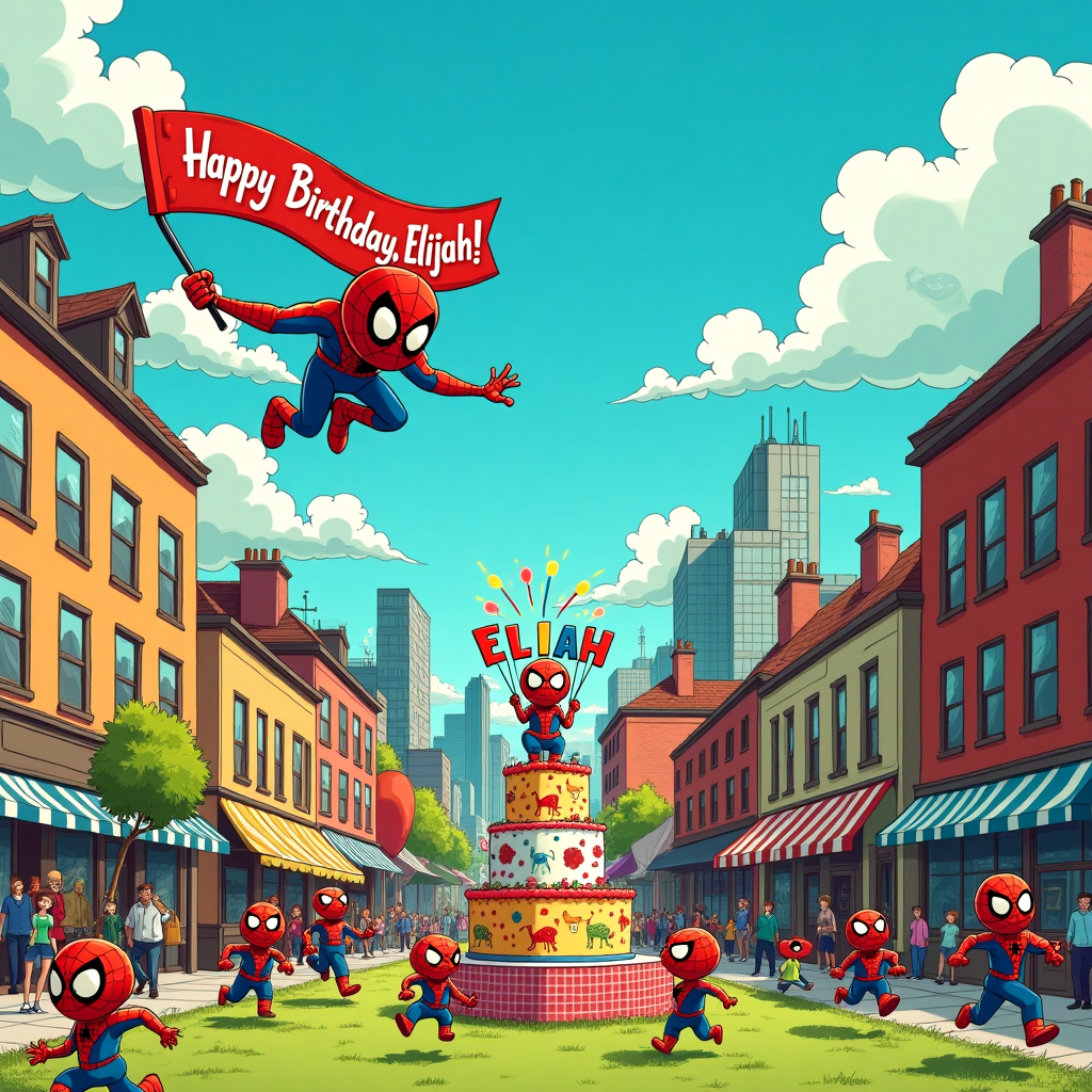 In a bustling cityscape that mirrors a blend of classic comic book nostalgia and cartoonish whimsy, the scene is set on a bright, sunny day with fluffy clouds drifting lazily across a vibrant blue sky. The buildings are drawn with the clean lines reminiscent of Hergé's Tintin, featuring a mix of modern skyscrapers and charmingly quirky rooftops, some adorned with whimsical chimneys and antennas. Swinging between these buildings is a playful, cartoonish Spider-Man, animated with the expressive lines that echo Charles Schulz's Peanuts style. His eyes are exaggeratedly large and curious, bringing a sense of childlike wonder as he carries a festive red-and-blue birthday banner in his webbed grasp, reading "Happy Birthday, Elijah!" in bold, joyful letters.

Below, a lively street fair unfolds in a park nestled between the buildings, a nod to the lively environments in Bill Watterson's Calvin and Hobbes. The park is teeming with colorful booths offering balloons, cotton candy, and comic books, their designs a tribute to Winsor McCay's Little Nemo with intricate, dreamlike detail. Children in Spider-Man masks, echoing the innocence of Osamu Tezuka’s creations, run around gleefully, clutching strings of balloons shaped like Spider-Man's iconic mask, while parents and passersby, drawn in the simplified but expressive lines of Gary Larson's The Far Side, engage in friendly banter.

In the center of this playful chaos stands a grand birthday cake on a table covered with a checkered cloth. The cake, a towering masterpiece, is topped with an edible Spider-Man figure, poised heroically. The cake's icing is a vibrant collage of Spider-Man’s red and blue, with a friendly spider motif crawling up the sides. Atop this sweet centerpiece, colorful sparklers spell out "Elijah" in dazzling letters, ensuring that all who gather around the table know exactly who the birthday hero is today. This festive slice of a day is captured in the warm, nostalgic palette often found in Disney’s classic animations, inviting viewers to partake in Elijah's special day amidst the charming chaos of this comic-inspired celebration.
Generated with these themes: Spider-Man.
Made with ❤️ by AI.