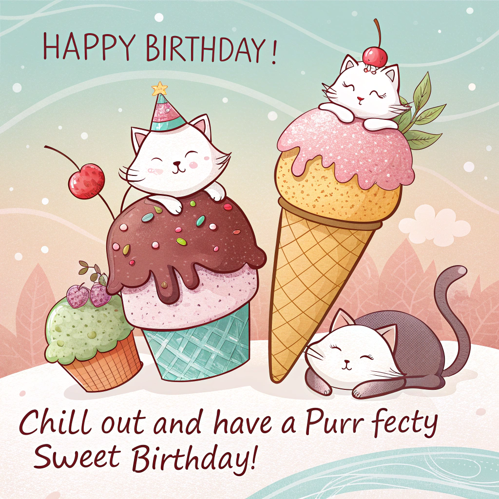 At the top of the image, "Happy birthday :)":

In the center of the image, illustrate a whimsical scene with fluffy, cartoon-style cats wearing tiny nightcaps, cozily napping on an array of vibrant, oversized ice cream cones. The cats are snuggled into scoops of various flavors, like strawberry, mint, and chocolate, with a few daringly perched on a precarious triple-scoop tower.

Add at the bottom of the image, "Chill out and have a purr-fectly sweet birthday!"
Generated with these themes: Ice cream sleeping cats, and .
Made with ❤️ by AI.