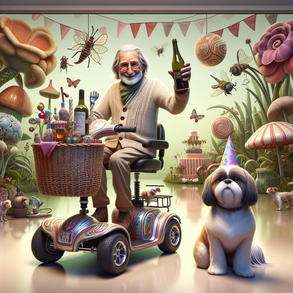 Imagine an amiable elderly Caucasian man with a grey ponytail, giving a friendly wave from his ornately decorated mobility scooter. A Shitzu dog, his faithful friend, sits loyally at his feet wearing a festive party hat and gazes upon him with affection. They are in the middle of a stylized garden reflecting oversized, cartoon-like flora and whimsical insects. It subtly signifies the man's passion for gardening. In the scooter’s basket, there is an old-fashioned port wine bottle, adding a touch of class to the cheerful celebration. The entire scene is bathed in the soft, warm tones of a birthday theme, amplifying its endearing and playful aura.
Generated with these themes: Old man, Shitzu dog, Port wine, Gardener, Mobility scooter, and  grey pony tail.
Made with ❤️ by AI.