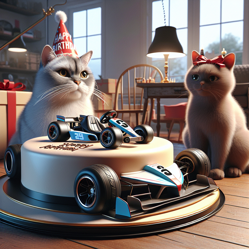Render an engaging and realistic birthday scene that centers around a vivid go-kart. The go-kart should have a modern and smooth design. The scene also includes a glossy-furred cat sitting dignified, wearing a festive party hat and casually swatting a toy car hanging nearby. The room atmosphere should radiate with the unmistakable scent of creamy chocolate that flows from a precisely-designed birthday cake. The cake should be shaped like a car with complex details and authentic features.
Generated with these themes: Go kart, Cat, Car, and Chocolate .
Made with ❤️ by AI.