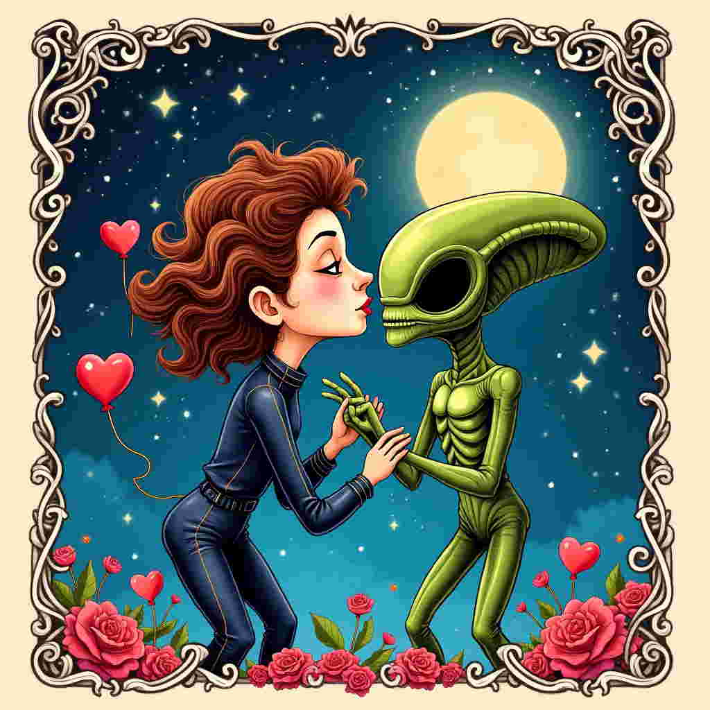 Front and center of the card, create a detailed and expressive hand-drawn illustration depicting Sigourney Weaver in her iconic Ripley persona, leaning forward to plant a whimsical kiss on the cheek of a friendly, cartoonish Alien. Her hair is styled in a wild, curly fashion reminiscent of the 1980s, with a rich chestnut brown color. She is wearing a slightly exaggerated version of her space jumpsuit, with bold patches of navy blue and metallic silver details.

The Alien, instead of its usual fearsome demeanor, has been rendered in a humorous, exaggerated manner. It has large, wide-set cartoon eyes that appear surprised, yet delighted. Its exoskeleton glistens with a deep emerald green hue, highlighted with lighter tones to accentuate its shiny texture. The alien’s lips are puckered in an exaggerated, comedic style, ready to receive the kiss.

Behind the duo, set a romantic scene in space, featuring a backdrop of twinkling stars and distant galaxies rendered in shades of indigo and cobalt blue. A heart-shaped moon glows softly in the upper corner, casting a warm, soft lavender light over the pair.

In the foreground, at the bottom of the card, include whimsical elements like floating red and pink heart-shaped balloons, tied to Ripley’s arm with a golden string. Around their feet, scattered rose petals in vibrant reds and pinks drift in zero gravity.

To give the card an artistic flair, incorporate a border reminiscent of Aubrey Beardsley's intricate designs, with swirling patterns of intertwining vines and blossoms in black and white, framing the central illustration. The vines curl and weave around the edges of the card, drawing the viewer's eye inward to the main scene.

The entire illustration is captured in a style that combines the expressive linework of Quentin Blake with the fantastical detail of Arthur Rackham, creating a playful yet detailed homage to these beloved characters.
Generated with these themes: sigourney weaver kissing alien.
Made with ❤️ by AI.