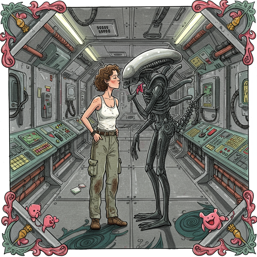 The front cover of the greeting card presents a whimsical and humorous Valentine's Day scene with a hand-drawn illustration that combines an expressive mix of detailed elements. 

In the foreground, center stage, Sigourney Weaver, depicted in a slightly exaggerated yet charmingly cartoonish style, stands with an air of grace. She is wearing her iconic white tank top and cargo pants from the movie "Alien," intricately detailed with small rips and smudges, reminiscent of Norman Rockwell's meticulous attention to detail. Her hair, slightly tousled, captures the essence of her character's determination.

Next to her, leaning in for a kiss, is the Alien. This is not the fearsome creature of sci-fi lore but a friendly, more comical version. The Alien's elongated head and sleek, sinewy form are softened with a Beatrix Potter-like touch, giving it a quirky appeal. The creature is adorned with a bow tie that adds a dash of whimsy, its color a vibrant, contrasting magenta, inspired by Maxfield Parrish’s bold palette. The alien's limbs are elongated and detailed with lines reminiscent of Arthur Rackham's fantastical illustrations, adding a touch of elegance.

The background is an enchanted, yet slightly eerie space station corridor. The metallic walls, rendered in muted silvers and greys, echo Gustave Doré's complex textures, with small, intricate patterns visible upon close inspection. Pipes and futuristic consoles line the corridor, filled with buttons and screens that glow with gentle pastels of pink and green. 

Aubrey Beardsley's influence is evident in the intricate patterns on the floor, which feature swirling, abstract designs in a rich burgundy and deep teal, adding depth and interest to the setting. N.C. Wyeth's influence shows through in the soft, atmospheric lighting that casts long, playful shadows across the scene, giving it a storybook quality.

In the corners, playful nods to Maurice Sendak's wild creatures peek around the edges, with tiny, curious eyes watching the unexpected romantic encounter. A small, fluffy space creature, perhaps an Edward Gorey-inspired pet, sits at Sigourney's feet, its large eyes wide with intrigue.

Overall, the card captures a delightful mix of whimsy and detail, an unexpected romantic interstellar rendezvous set against a backdrop of imaginative, richly textured sci-fi whimsy, making it a perfect and playful Valentine's Day greeting.
Generated with these themes: sigourney weaver kissing alien.
Made with ❤️ by AI.
