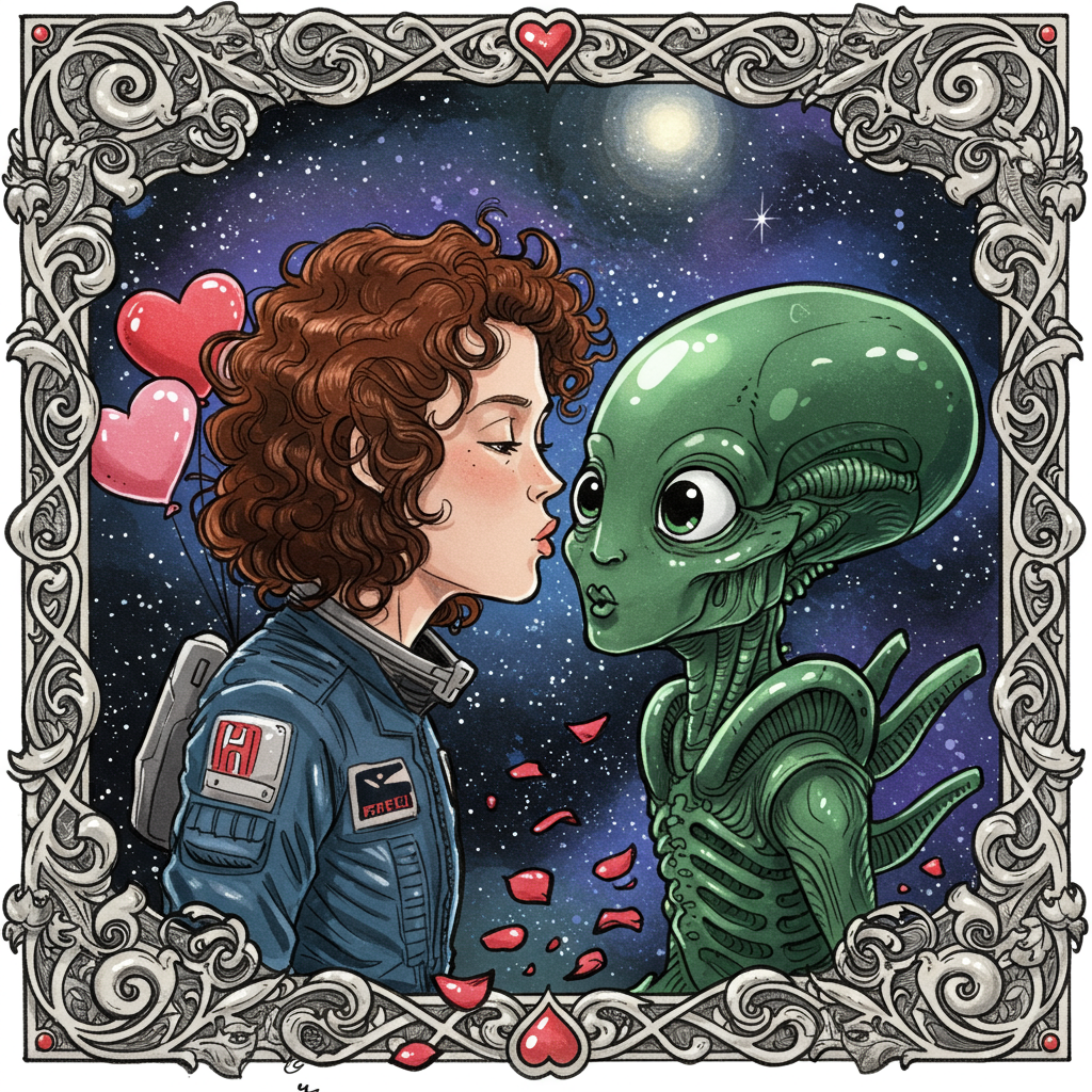 Front and center of the card, create a detailed and expressive hand-drawn illustration depicting Sigourney Weaver in her iconic Ripley persona, leaning forward to plant a whimsical kiss on the cheek of a friendly, cartoonish Alien. Her hair is styled in a wild, curly fashion reminiscent of the 1980s, with a rich chestnut brown color. She is wearing a slightly exaggerated version of her space jumpsuit, with bold patches of navy blue and metallic silver details.

The Alien, instead of its usual fearsome demeanor, has been rendered in a humorous, exaggerated manner. It has large, wide-set cartoon eyes that appear surprised, yet delighted. Its exoskeleton glistens with a deep emerald green hue, highlighted with lighter tones to accentuate its shiny texture. The alien’s lips are puckered in an exaggerated, comedic style, ready to receive the kiss.

Behind the duo, set a romantic scene in space, featuring a backdrop of twinkling stars and distant galaxies rendered in shades of indigo and cobalt blue. A heart-shaped moon glows softly in the upper corner, casting a warm, soft lavender light over the pair.

In the foreground, at the bottom of the card, include whimsical elements like floating red and pink heart-shaped balloons, tied to Ripley’s arm with a golden string. Around their feet, scattered rose petals in vibrant reds and pinks drift in zero gravity.

To give the card an artistic flair, incorporate a border reminiscent of Aubrey Beardsley's intricate designs, with swirling patterns of intertwining vines and blossoms in black and white, framing the central illustration. The vines curl and weave around the edges of the card, drawing the viewer's eye inward to the main scene.

The entire illustration is captured in a style that combines the expressive linework of Quentin Blake with the fantastical detail of Arthur Rackham, creating a playful yet detailed homage to these beloved characters.
Generated with these themes: sigourney weaver kissing alien.
Made with ❤️ by AI.