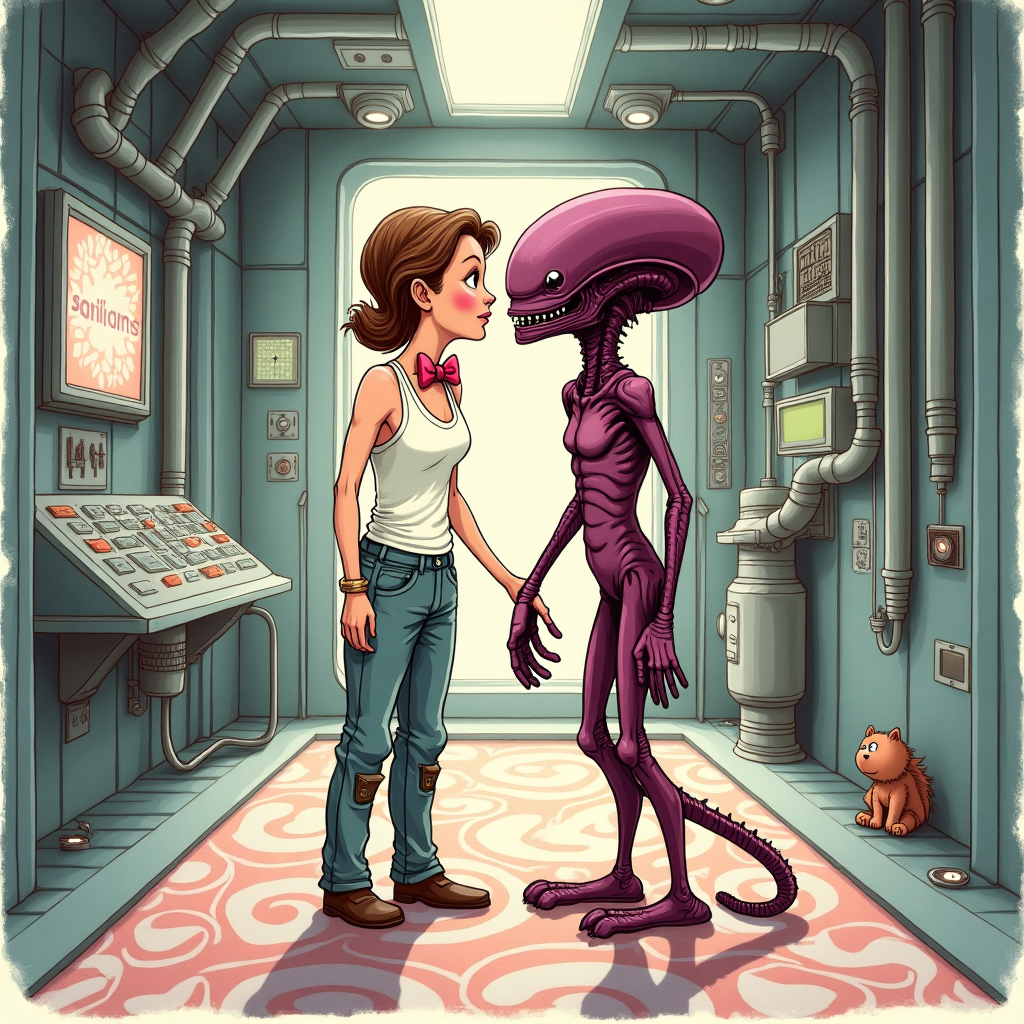 The front cover of the greeting card presents a whimsical and humorous Valentine's Day scene with a hand-drawn illustration that combines an expressive mix of detailed elements. 

In the foreground, center stage, Sigourney Weaver, depicted in a slightly exaggerated yet charmingly cartoonish style, stands with an air of grace. She is wearing her iconic white tank top and cargo pants from the movie "Alien," intricately detailed with small rips and smudges, reminiscent of Norman Rockwell's meticulous attention to detail. Her hair, slightly tousled, captures the essence of her character's determination.

Next to her, leaning in for a kiss, is the Alien. This is not the fearsome creature of sci-fi lore but a friendly, more comical version. The Alien's elongated head and sleek, sinewy form are softened with a Beatrix Potter-like touch, giving it a quirky appeal. The creature is adorned with a bow tie that adds a dash of whimsy, its color a vibrant, contrasting magenta, inspired by Maxfield Parrish’s bold palette. The alien's limbs are elongated and detailed with lines reminiscent of Arthur Rackham's fantastical illustrations, adding a touch of elegance.

The background is an enchanted, yet slightly eerie space station corridor. The metallic walls, rendered in muted silvers and greys, echo Gustave Doré's complex textures, with small, intricate patterns visible upon close inspection. Pipes and futuristic consoles line the corridor, filled with buttons and screens that glow with gentle pastels of pink and green. 

Aubrey Beardsley's influence is evident in the intricate patterns on the floor, which feature swirling, abstract designs in a rich burgundy and deep teal, adding depth and interest to the setting. N.C. Wyeth's influence shows through in the soft, atmospheric lighting that casts long, playful shadows across the scene, giving it a storybook quality.

In the corners, playful nods to Maurice Sendak's wild creatures peek around the edges, with tiny, curious eyes watching the unexpected romantic encounter. A small, fluffy space creature, perhaps an Edward Gorey-inspired pet, sits at Sigourney's feet, its large eyes wide with intrigue.

Overall, the card captures a delightful mix of whimsy and detail, an unexpected romantic interstellar rendezvous set against a backdrop of imaginative, richly textured sci-fi whimsy, making it a perfect and playful Valentine's Day greeting.
Generated with these themes: sigourney weaver kissing alien.
Made with ❤️ by AI.