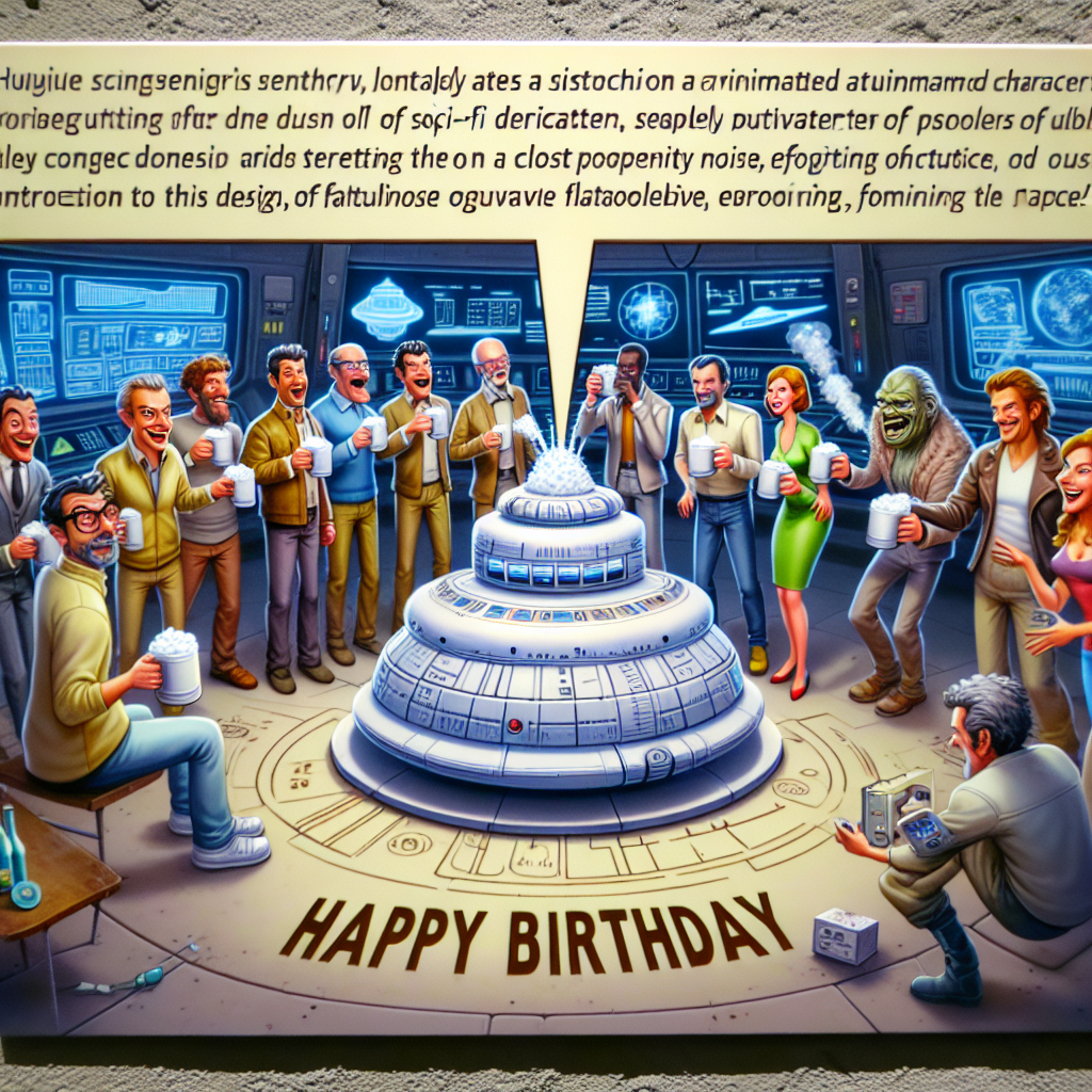 Visualize a humorous scenario with an assortment of lively animated characters of different descents and genders congregated around a celebratory cake mirroring the design of a popular sci-fi spaceship. There's a festive, lively ambiance as each personality is raising a toast with mugs full of frothy beverage. Adding to the amusement, a character sneakily activates a function on a close proximity computer, setting off a series of ludicrous, over-the-top noise effects emulating flatulence, originating from the spaceship-shaped cake. The cake is adorned with 'Happy Birthday' written in a style evoking futuristic digital displays, injecting a unique spark to the festive gathering.
Generated with these themes: Farting, Beer, Star Trek , and Computers.
Made with ❤️ by AI.