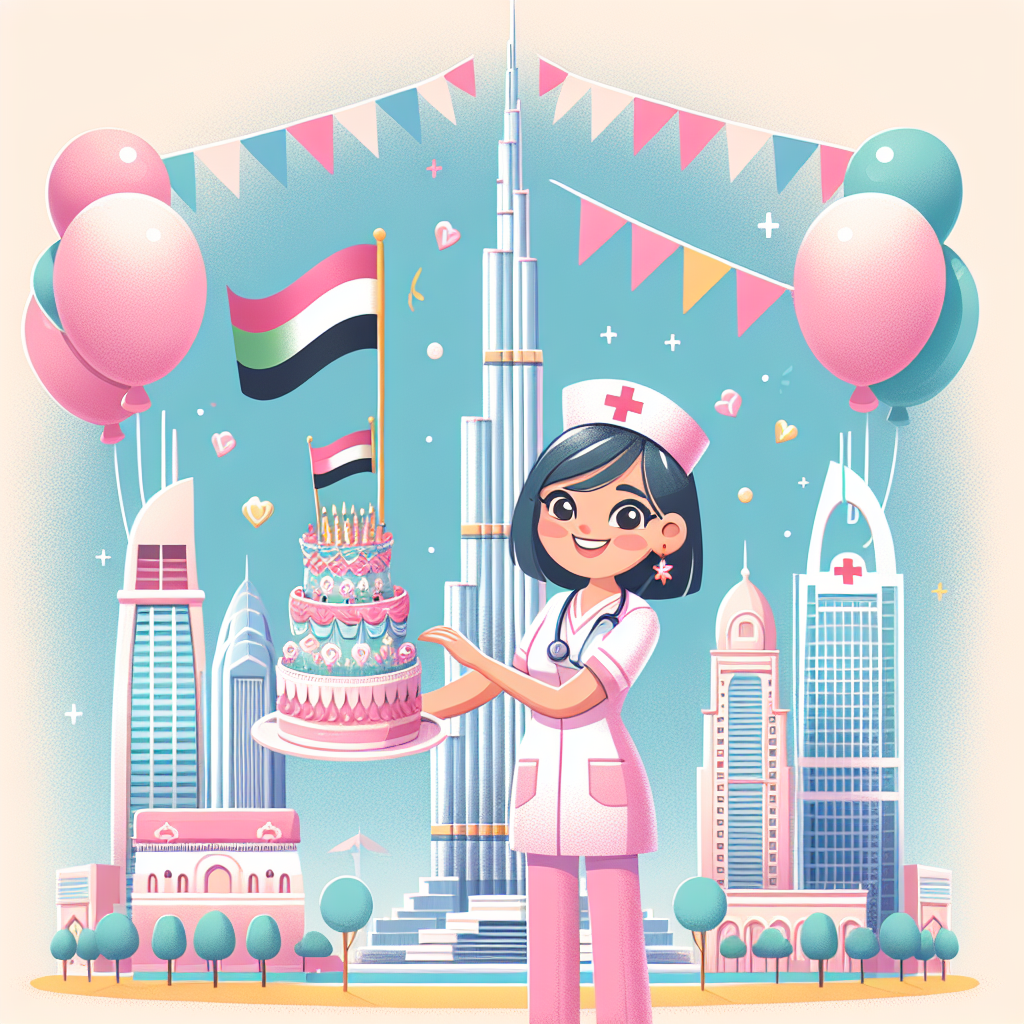 Create a charming birthday-themed vector illustration set in Dubai. Feature prominently the iconic structure, Burj Khalifa, embellished with celebratory banners and balloons. In the foreground, depict a cheerful South Asian nurse character wearing pink scrubs and a party hat, holding a birthday cake adorned with fine icing arrangements representing the UAE flag. Use a soft pastel color palette to enhance the warmth and appeal of the festive atmosphere.
Generated with these themes: Dubai, and Nurse.
Made with ❤️ by AI.