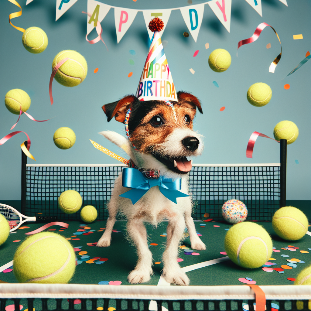 Generate an image depicting a birthday card design indicative of a whimsical celebration vibe. The main character is a joyful Jack Russell terrier, standing tall amidst a rain of tennis balls, all the while donned in a festive birthday ribbon. Surrounding the puppy in the background is a tennis net, adorned with confetti and colorful streamers. This festive scene captures the perfect blend of a yooful dog party and the spirit of a lively tennis match.
Generated with these themes: Tennis, and Jack Russell terrier.
Made with ❤️ by AI.