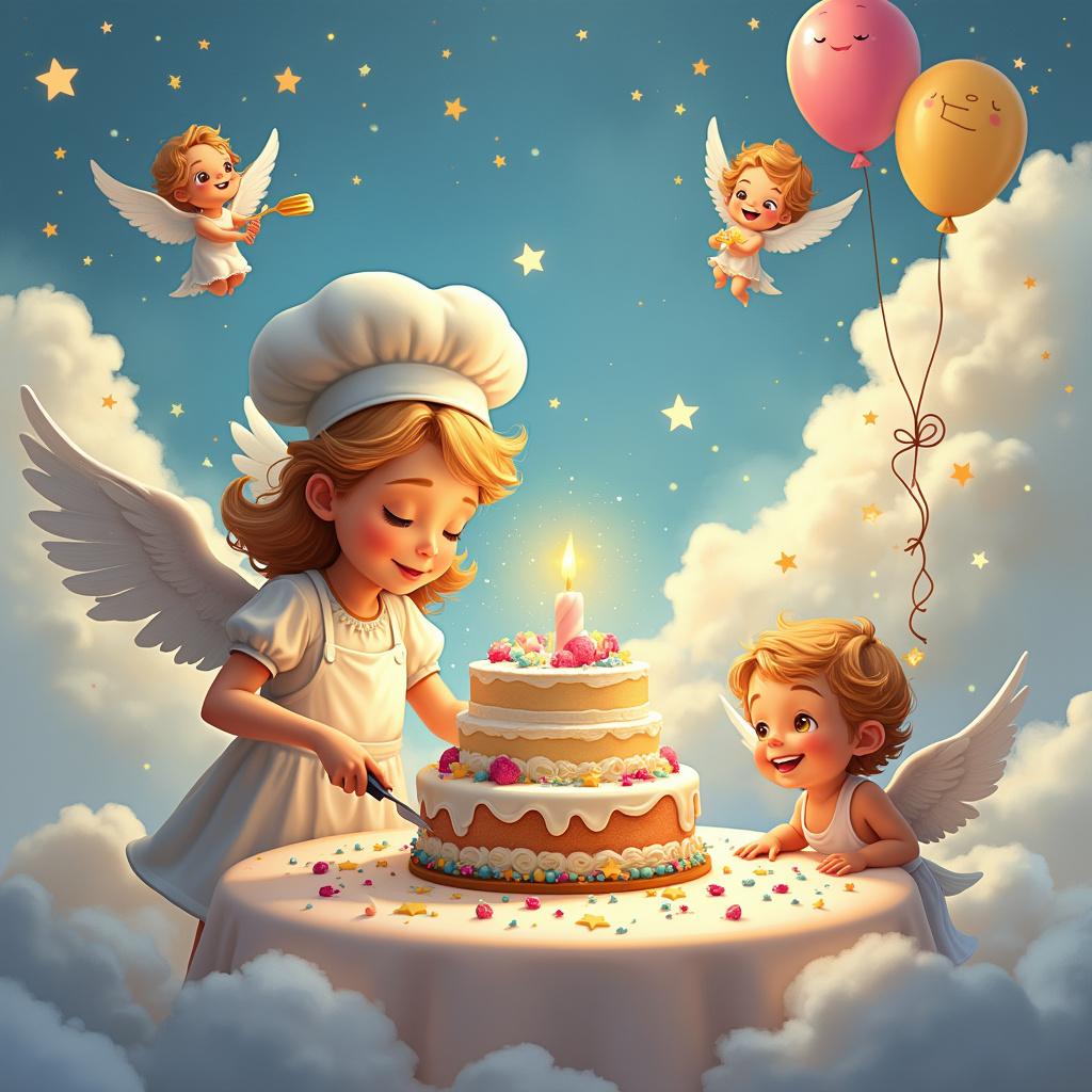 In a whimsical, celestial-themed birthday party set amidst the clouds, two charming angels are busy with delightful activities. One angel, donned in a chef’s hat with wings and a white apron speckled with little stars, is focused intently on baking a celestial cake. With a star-shaped spatula in hand and her tongue slightly sticking out in concentration, she embodies the joy of culinary creation. Meanwhile, another angel is hard at work decorating the party space, wearing a garland-making belt filled with stars and fluffy clouds. This joyful angel holds a piece of cloud garland in her hands, while a balloon resembling the birthday person floats beside her, adding to her happiness.

The background of the party is adorned with fluffy, white cloud tables and chairs that radiate a soft glow, as well as star-shaped lanterns that gently swing from varying lengths, casting a warm light across the scene. Additional features include a twisting rainbow slide descending from the party area to an unseen lower cloud and tiny musical cherubs playing harps and trumpets on their own little clouds, filling the air with melodious sounds.

At the focal point of this enchanting gathering is a stunning multi-tiered birthday cake, adorned with fluffy cloud-like icing and dotted with edible glittering stars. A miniature fondant angel perched on top holds a 'Happy Birthday' banner, making it the centerpiece of the cloud table, surrounded by iridescent cupcakes that beckon to party guests. 

Generated with these themes: Angel.  
Made with ❤️ by AI.