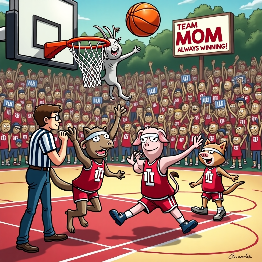 **At the top of the cartoon image:** *Tiff, You're a Slam Dunk, Even Without the Hoops!*

**Prompt:**  
Create a colorful and humorous cartoon-style image showing a chaotic game of basketball featuring a team of clumsy farm animals dressed in Indiana University (IU) basketball jerseys. A determined-looking goat attempts to slam dunk with the ball but is tangled in the net, while a pig in sweatbands trips over its own tail. A referee squirrel in oversized glasses blows a whistle frantically, and a crowd of excited chickens waves IU foam fingers from the sidelines. In the corner, a scoreboard flashes "Team MOM: Always Winning!" The entire scene should burst with exaggerated motion, wacky facial expressions, and red-and-cream IU colors, capturing a fun and ridiculous sporting moment with no humans in sight.
Generated with these themes: IU basketball .
Made with ❤️ by AI.