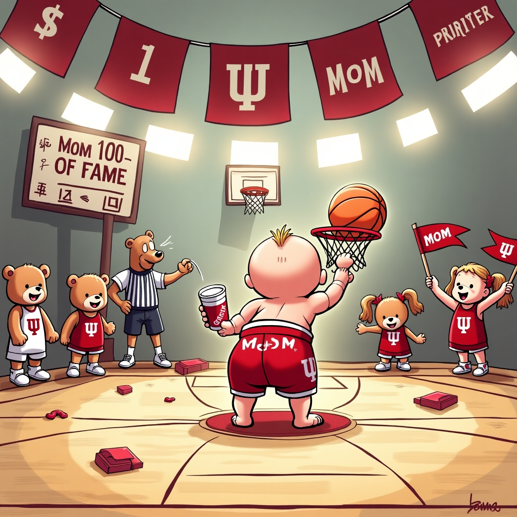 **Prompt:**  
At the top of the cartoon image, **"Happy Mother’s Day, Tiff — you’re a real Hoosier Hoop Star!"**

A humorous cartoon scene on an indoor basketball court decked out in crimson and cream, complete with IU banners fluttering from the rafters. Center stage is a baby wearing oversized IU basketball shorts and holding a giant foam finger that says “#1 MOM.” The baby is attempting to dunk a sippy cup into a toy basketball hoop, while cheerleading toddlers on the sideline wave tiny IU flags. A scoreboard in the background reads “Mom 100 – Everyone Else 0.” There are spilled juice boxes, teddy bears wearing IU jerseys, and a referee dog blowing a whistle on the chaos. A banner behind the court reads “Assembly Hall of Fame Moms.” The mood is delightfully chaotic, cheeky, and perfect for basketball-loving mom Tiff.
Generated with these themes: IU basketball .
Made with ❤️ by AI.