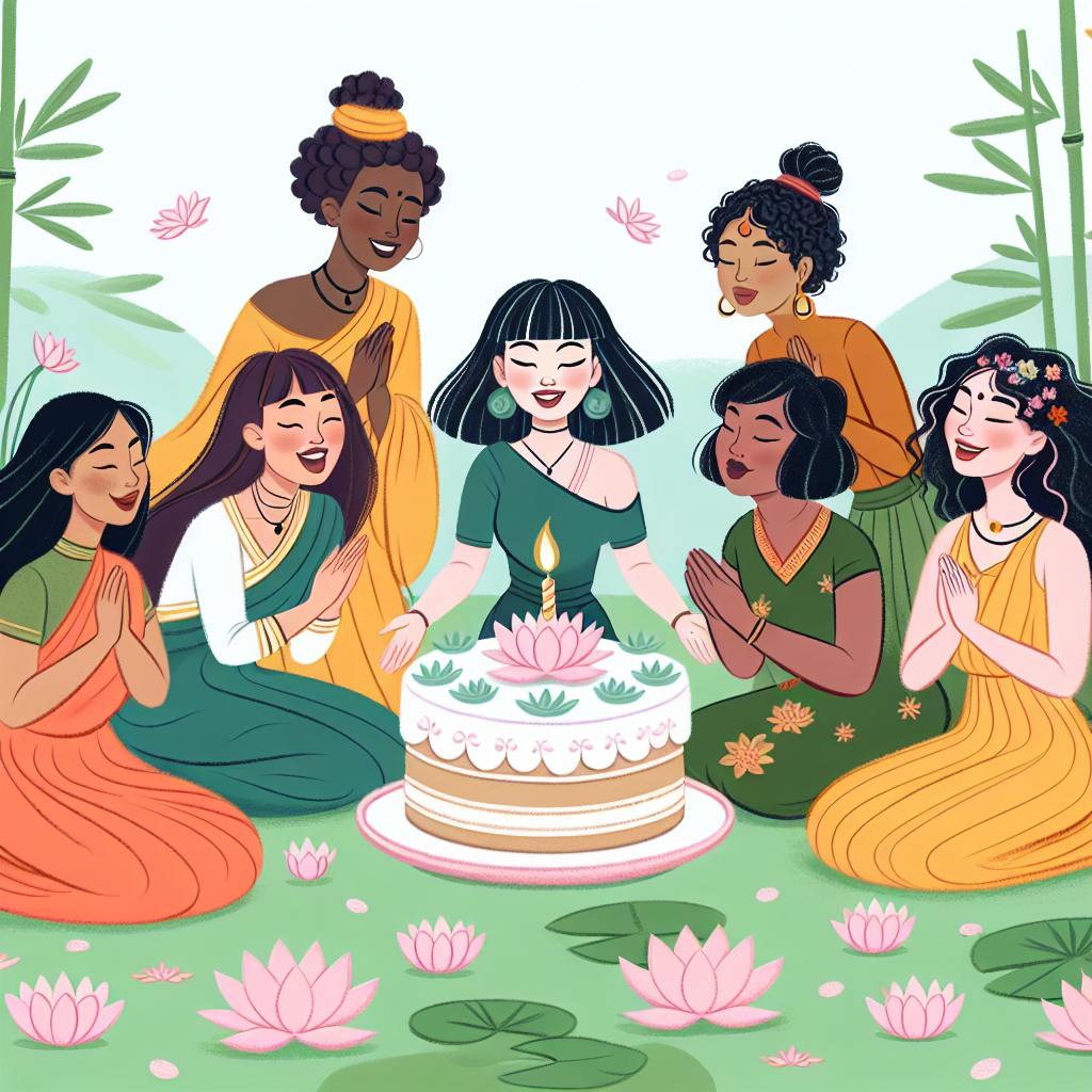 A delightful birthday illustration features a group of joyful women of various descent, each embodying qualities of Buddhist compassion and wisdom. These women, of diverse backgrounds such as Hispanic, Caucasian, Black, Middle-Eastern, and South Asian, gather around a lotus-shaped birthday cake, set in a peaceful Zen garden. Playfully, one of the women, depicting mild sensuality, leans forward to blow out a candle. This act symbolizes the light of enlightenment, embraced within the festive and lighthearted scene.
Generated with these themes: Women, Buddhism , and Boobs.
Made with ❤️ by AI.