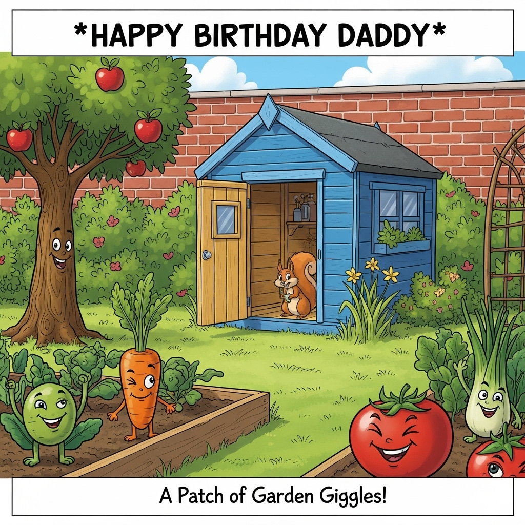 At the top of the Cartoon Style image, **Happy Birthday Daddy**

Imagine a vibrant cartoon scene in a lush garden setting. A comically oversized, colorful garden shed takes center stage, its door slightly ajar, revealing a curious squirrel peeking out. In front of the shed sprawls a large lawn dotted with wild, playful tufts of exaggerated, lively grass that seem to dance in the breeze. An apple tree stands proudly to the side, its branches humorously bending under the weight of cartoonishly large, shiny apples.

In the foreground, a raised vegetable patch bursts with oversized, smiling vegetables—a cheeky carrot giving a wink, and a tomato with a mischievous grin. The backdrop is an old red brick wall, playfully drawn with exaggerated lines and characterful imperfections, adding to the whimsical feel.

Add a small, cheeky caption at the bottom, "A Patch of Garden Giggles!" to enhance the humorous touch.
Generated with these themes: , and .
Made with ❤️ by AI.