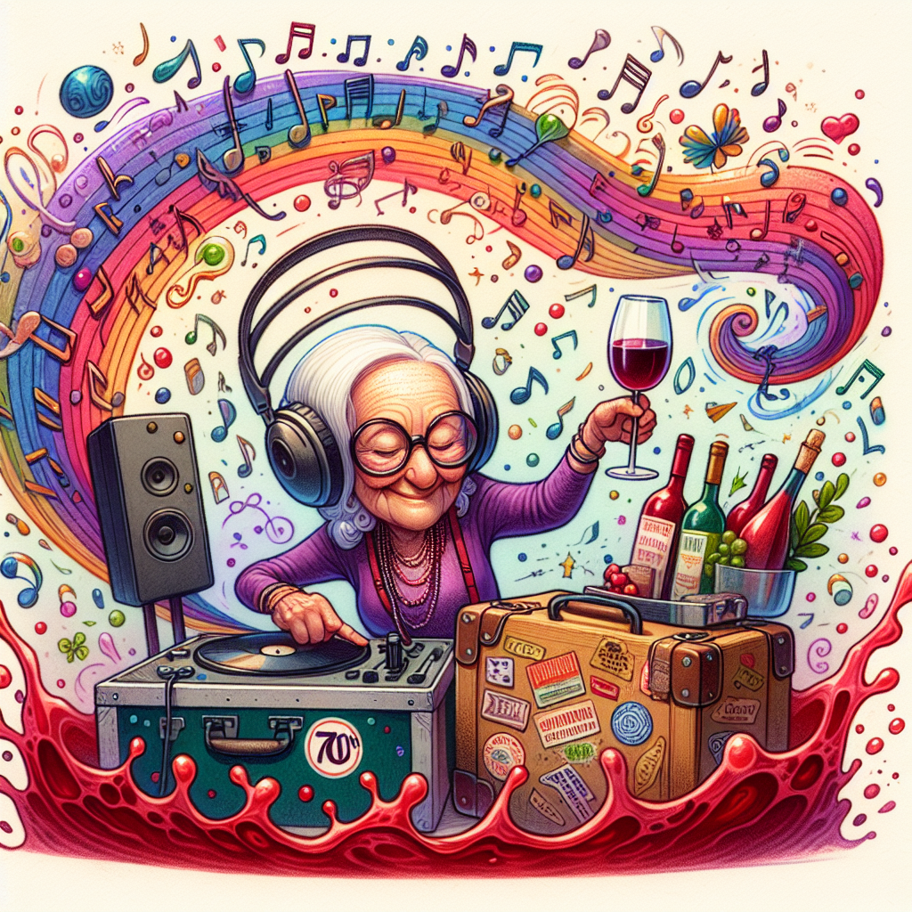 Create a heartwarming and charming illustration meant to celebrate a 70th birthday party. The key figure of the image is an affable elderly Caucasian DJ woman, characterized by comically large headphones, effortlessly blending melodies amidst a vibrant cascade of diverse musical notes. Adjacent to the DJ, there exists a classic travel bag adorned with various labels signifying globetrotting escapades. An energetic splash of crimson-colored wine forms a merry boundary, hinting at liquid-filled goblets saluting the significant episode.
Generated with these themes: 70th birthday , Djing, Wine, and Travel.
Made with ❤️ by AI.