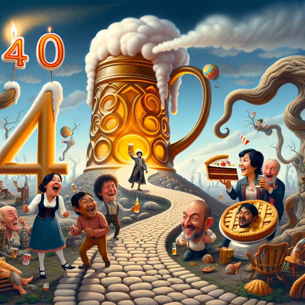 Create an image illustrating a fantastical birthday scene with a grandiose German beer stein overflowing on a cobblestone path that winds through an otherworldly environment. The path is animated by a merry group of caricatured individuals, featuring a visibly Hispanic woman, a Caucasian man, and a Middle-Eastern individual, all engaged in lively interactions and sharing oversized pieces of pie. One South Asian person radiates a particularly jovial aura, with an ephemeral '40' made from twisting smoke floating above their head to signify their milestone birthday.
Generated with these themes: German beer, Walking , Eating content , Rambling , 40th, and Pie.
Made with ❤️ by AI.