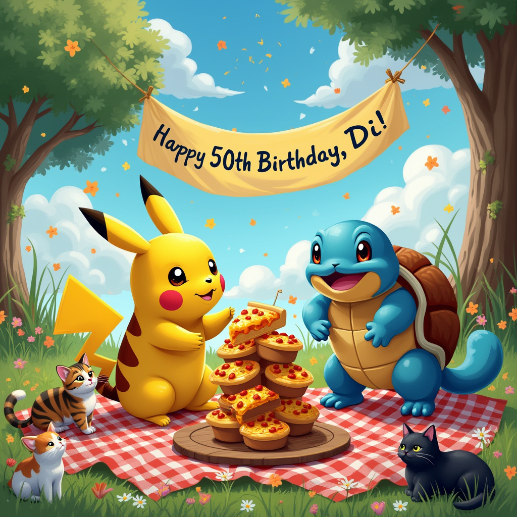 In this whimsical and vibrant birthday scene, a lush, sunlit meadow provides the perfect setting for Pikachu and Squirtle's joyous picnic. The grassy terrain is dotted with colorful wildflowers, and a large, cheery "Happy 50th Birthday, Di!" banner is strung between two sturdy trees, fluttering gently in the breeze. Pikachu, with its electric-yellow fur gleaming in the sunlight, is playfully perched on a red-and-white checkered picnic blanket, eagerly reaching for a slice of gooey cheese pizza that sits temptingly on a large wooden platter. Beside Pikachu, Squirtle is grinning, its shiny blue shell reflecting the light as it balances a tower of oversized Jaffa cakes, each with its signature orange center peeking through the chocolate topping.

Around the picnic spread, several curious cats—one tabby, one calico, and one sleek black—are lazily lounging, their eyes locked onto the tasty treats with interest. One cat playfully bats at a loose thread on the blanket, while another is perched on the edge of the picnic basket, sniffing the air. Above the picnic, the sky is a brilliant azure, dotted with fluffy clouds that serendipitously spell out "Di" in soft, cursive letters. This enchanting scene is brought to life with vivid colors and intricate details, capturing the joyous essence of Di's special day with Pikachu, Squirtle, and their feline friends.
Generated with these themes: Pikachu, Pizza, Cats, Squirtle, Jaffa cake, and Pikachu and Squirtle having picnic with big Jaffa cakes and pizza with cats and Happy 50th Birthday banner .
Made with ❤️ by AI.