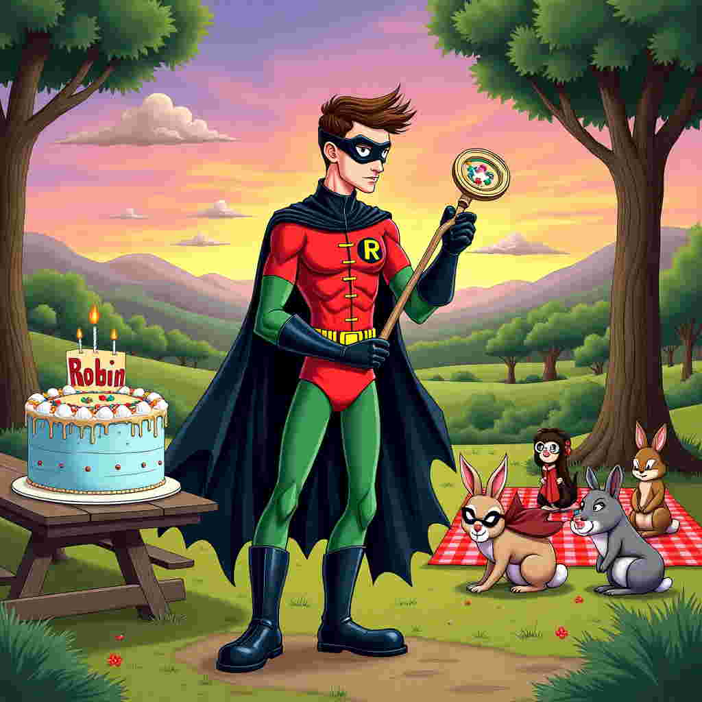 In the foreground of the greeting card, create a detailed hand-drawn scene featuring a superhero version of Robin, but with a playful twist. Robin is depicted as an adult, donning a classic superhero costume with a vibrant red tunic and forest green leggings, complete with a yellow utility belt. He wears a sleek black eye mask and a matching black cape billowing in the wind. His boots are shiny and polished, reflecting the hues of his costume.

Robin holds a whimsical metal detector, stylized to resemble a superhero gadget, in his gloved hand. The metal detector is a bright, eye-catching metallic blue with gold accents, and its display screen lights up with comic-book-style blips and beeps illustrated in dynamic comic book font.

In the background, set the scene in a bustling park teeming with animated details. To the left, a massive, delicious-looking birthday cake towers over a picnic table, iced in pastel blue with cascading rainbow sprinkles. The word "Robin" is cleverly integrated into the icing of the cake, as though piped by a skilled confectioner.

To the right, a group of jovial woodland creatures — a nod to Beatrix Potter's influence — gather around a picnic blanket. These creatures, including a squirrel in a tiny cape, a rabbit with oversized glasses, and a hedgehog sporting a miniature hero mask, are depicted in detailed linework reminiscent of Edward Gorey's expressive style.

The sky above is a wash of vivid sunset colors, from deep purples and oranges fading into lighter pinks, providing a dreamlike Maxfield Parrish-inspired backdrop. In the distance, gently rolling hills are dotted with stylized trees akin to those found in Maurice Sendak’s imaginative landscapes.

Overall, the scene is bustling with intricate details and vivid colors, creating a lively tableau that captures the essence of a birthday celebration with a heroic twist.
Generated with these themes: Super hero Robin with metal detector , and Adult.
Made with ❤️ by AI.