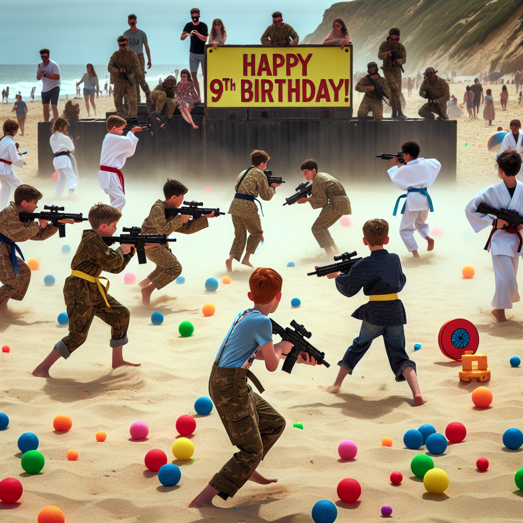 On the sandy expanse of a lively beach, a unique birthday extravaganza unfolds as boys clad in combat attire and karate suits weave through a thrilling Nerf gun battlefield, their socks imprinted with playful steps but no shoes to weigh them down. Amidst the action, fidget poppets dot the landscape, offering a whimsical contrast to the mock battles and serving as trophies for the swift and the cunning. The sounds of laughter and faux combat provide the perfect soundtrack to Elias's 9th birthday, with a cheerfully decorated sign that echoes the joy of the day, announcing 'Elias is 9!' for all the beachgoers to see.
Generated with these themes: Nerf gun battle with boys in combat clothing and karate suits and socks but no shoes with fidget poppets everywhere on the beach.
Made with ❤️ by AI.