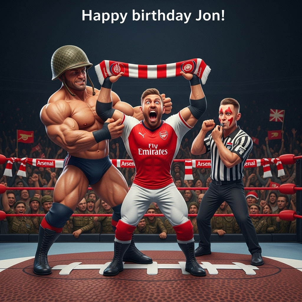 At the top of the Photorealistic picture taken from a camera image, **"Happy birthday Jon!"**

---

**Image Description:**

In the foreground, a group of three buff, cartoonishly exaggerated wrestlers in tight, bright wrestling gear is having a comical showdown. They are hilariously dressed in Arsenal football jerseys over their wrestling outfits. One wrestler, sporting an oversized army helmet that looks comically out of place, is about to dramatically body-slam another who is striking a mock 'goal celebration' pose, arms raised and eyes wide with an exaggerated expression. The third wrestler, who is acting as a referee, is trying to blow a whistle through his face paint with a look of pure confusion. The wrestling ring ropes are draped with Arsenal scarves, and the mat is printed with a giant football. The background shows an audience of toy soldiers wildly cheering, some holding tiny Arsenal flags.

---

The atmosphere is vibrant and cheeky, capturing the essence of birthday humor through this bizarre yet captivating amalgamation of sports, wrestling antics, and military quirks. The lighting emphasizes the shiny spandex and polished boots, while the rich textures make the scene pop with photorealistic clarity.
Generated with these themes: Arsenal, Wrestling, Army, and .
Made with ❤️ by AI.