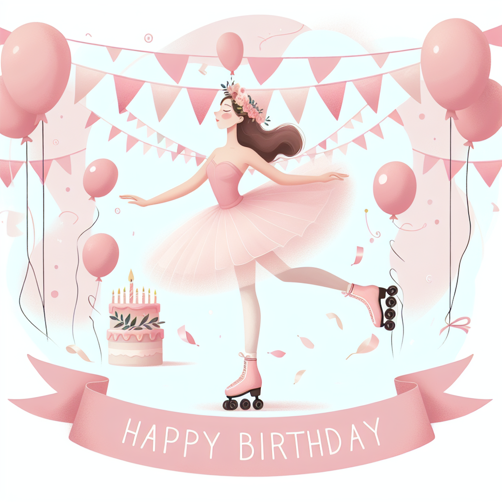 Create a joyous and whimsical birthday scene in an illustration. The central character is an East Asian woman gracefully gliding on roller skates, donned in a soft pink ballet outfit. Pink bunting and balloons festoon the backdrop, setting a cheerful tone for the celebration. The overall scene exudes feelings of joy, warmth, and celebration, perfect for a birthday event.
Generated with these themes: Rollerskating, Ballet, and Pink.
Made with ❤️ by AI.