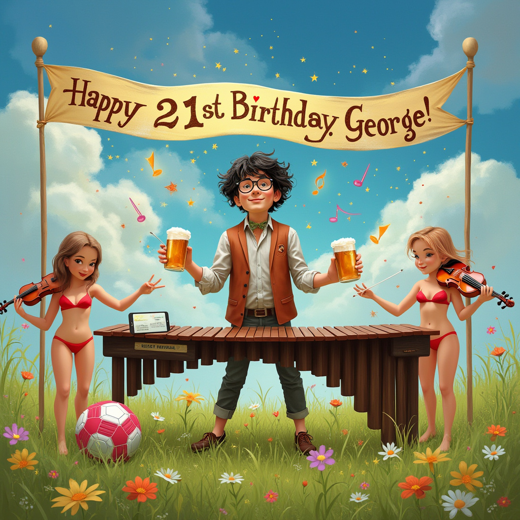 In the heart of a lively, whimsical meadow, an unforgettable scene unfolds on a splendid birthday greetings card. Picture George, an eccentric young man with round glasses, capturing everyone's attention with his dynamic musical flair. He stands confidently, straddling an enormous marimba that stretches across the vibrant green grass. Its resonating wooden keys glisten under a bright sun that hangs high in a cerulean sky. George, sporting a head of lush black hair, is multitasking impressively. With two mallets in hand, he skillfully plays the marimba while somehow also managing to hold two frothy pints of beer.

Adjacent to this musical marvel, George is simultaneously orchestrating a set of gleaming drums with rhythmic precision, each drumstick blurring in motion. Beside him, a colorful Tottenham Hotspur FC football is nestled among the meadow flowers, a nod to his passion for the sport. His smartphone, propped on a nearby music stand, glows with an incoming call, yet George’s focus remains undistracted on his symphonic performance.

Draped across the sky is a festive "Happy 21st Birthday, George!" banner, its letters twinkling with golden sparkles, as if the very clouds conspired to join the celebration. Completing this eccentric ensemble, a bikini-wearing Welsh female orchestra adds a surreal yet charming touch to the scene, their violins, cellos, and flutes playing harmoniously alongside George's rhythmic symphony. Each member of the orchestra is poised in playful poses, their music notes swirling around them like whimsical fireflies in the daylight.

This intricate, fantastical scene is inspired by the detailed, narrative-driven works of Norman Rockwell and Arthur Rackham, yet infused with the whimsy of Beatrix Potter and Quentin Blake, resulting in a uniquely captivating tableau that tells the story of George's extraordinary birthday.
Generated with these themes: George with round glasses, Playing a huge long marimba, Holding two pints of beer, Playing a set of drums, Black hair, Tottenhams Hotspur FC football, Calling on his smartphone, Happy 21st Birthday banner, and Accompanied by a bikini wearing welsh female orchestra.
Made with ❤️ by AI.