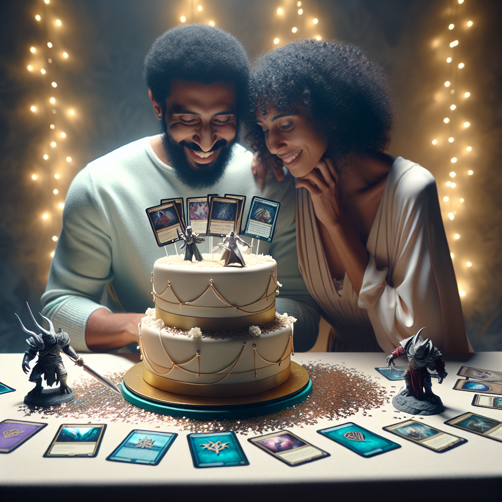 An anniversary celebration immersed in the theme of a mythical fantasy card game. A couple, a middle-eastern man and a black woman, are delighted by their carefully crafted cake, which is adorned with delicate toppers inspired by their preferred game cards. The room exudes a tranquil vibe, illuminated with gentle light that sparkles on the metallic confetti - designed to resemble game cards - sprinkled on the tablecloth. This captivating setting eloquently embraces their shared fervor and affection for each other and the game.
Generated with these themes: Magic the gathering.
Made with ❤️ by AI.