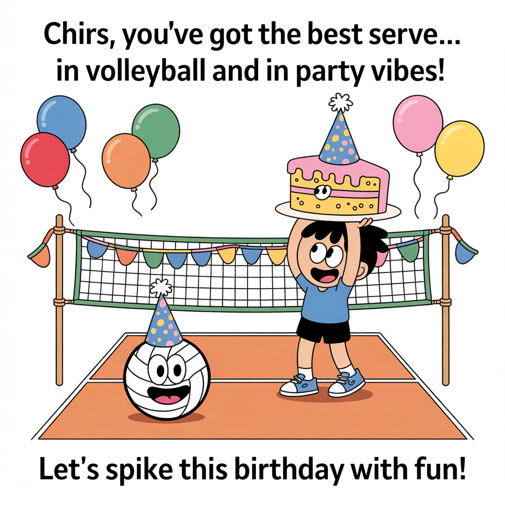 At the top of the image, "Chirs, you've got the best serve... in volleyball and in party vibes!"

At the bottom of the image, "Let's spike this birthday with fun!" 

- In the center of the image, depict a playful cartoon scene featuring a volleyball court where a volleyball with a cheeky face is wearing a birthday hat. The net is decorated with colorful streamers and balloons, and a character resembling Chirs is ready to serve the volleyball while balancing a slice of cake on their head.
Generated with these themes: Volleyball, and .
Made with ❤️ by AI.