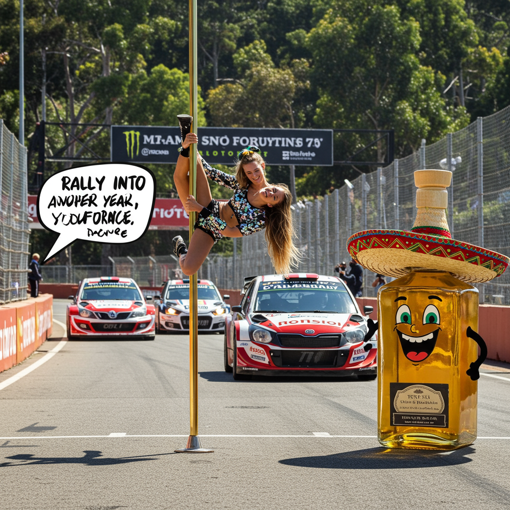 ### Image Prompt:

Imagine a hilarious scene unfolding on a bustling rally car track, capturing the exact moment when a group of rally cars zoom by. In the foreground, a pole dancer, dressed in a sparkly racing suit, gracefully twirls around a makeshift pole fashioned from a racing flag, blending the high-octane thrill of rally cars with the unexpected flair of pole dancing.

To the side, a life-size bottle of tequila, complete with a giant sombrero, cheers on the spectacle with a mischievous grin. The golden liquid seems to catch the sunlight perfectly, creating a sparkling effect that adds to the celebratory atmosphere.

The caption, playfully floating in the air like part of the scene, reads: "Rally into another year, and don't forget to dance!" 

This comedic fusion of adrenaline and festivity makes for a perfect birthday card, ensuring laughter and delight with its unexpected combination of elements.
Generated with these themes: Rally cars, Pole dancing,  tequilla, and .
Made with ❤️ by AI.