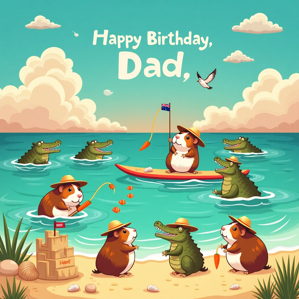 Guinea pigs fishing on an Australian beach, with crocodiles in the water Birthday Card