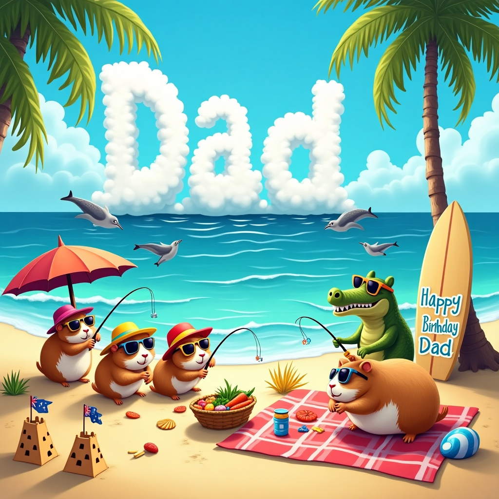 In this whimsical birthday card illustration, the scene unfolds on a vibrant Australian beach under a cloudless, azure sky. In the foreground, a group of mischievous guinea pigs, wearing tiny, brightly colored beach hats and sunglasses, are eagerly casting fishing lines into the surf. Each guinea pig is equipped with a miniature fishing rod, and one particularly adventurous guinea pig is wearing a snorkel, peering curiously into the waves. Behind them, a cheeky crocodile, with a wide, toothy grin, peeks out from the water, wearing an oversized pair of sunglasses as well, giving a playful nod to the guinea pigs’ activities. 

Scattered along the sandy shore are small sandcastles, some adorned with Australian flags and seashells. A picnic blanket lies nearby, with a tiny beach umbrella providing shade to a basket filled with treats such as carrot sticks and leafy greens. Seagulls can be seen swooping down curiously, eyeing the guinea pigs’ picnic with interest.

In the background, the name "Dad" is ingeniously incorporated into the fluffy white clouds drifting lazily across the sky. The letters are formed by playful puffs of cloud, as if written by an invisible skywriter. Nearby, a sun-bleached surfboard is planted upright in the sand with a colorful birthday banner strung across it that reads "Happy Birthday Dad!" in bold, cheerful letters. Palm trees sway gently in the breeze, their fronds casting playful shadows on the golden sand.

In the distance, the deep blue ocean meets the horizon, with a couple of dolphins leaping joyfully from the water, adding a sense of animated delight to the scene. This quirky, vibrant tableau captures a joyful, sun-soaked birthday celebration with an Australian twist, where the unexpected combination of guinea pigs and crocodiles brings a touch of humor and charm.
Generated with these themes: guinea pigs fishing on an Australian beach, with crocodiles in the water.
Made with ❤️ by AI.