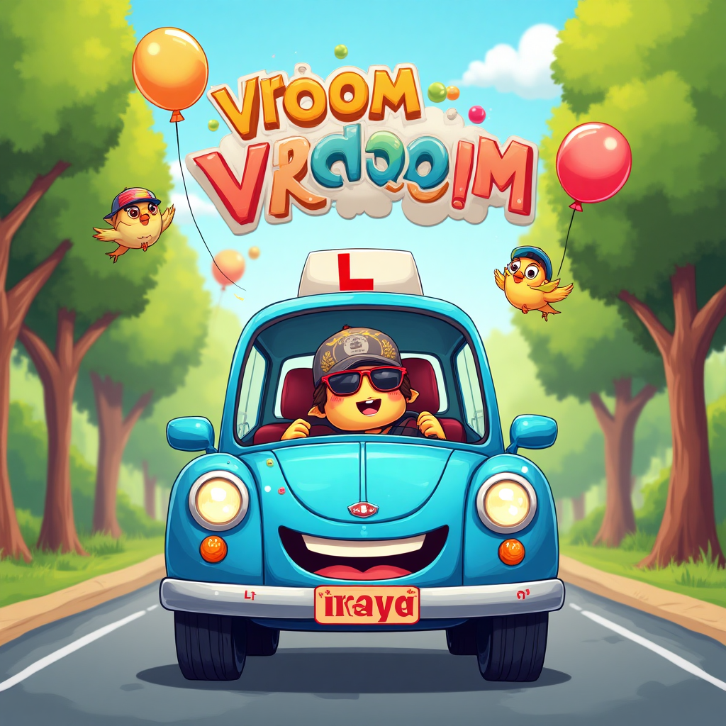 At the top of the Cartoon Style image, display the text: "Congrats Inaya On Passing Your Driving Test"

**Image Prompt:**

Imagine a bright and colorful cartoon scene featuring a vibrant blue car with cheerful, oversized eyes as headlights. The car has a big, happy smile on its front bumper, and its roof is adorned with playful red "L" plates, signifying "learner driver" status. The car is driving down a sunny road lined with exaggerated, whimsical trees that sway in the background.

Inside the car, there's an animated, cute character—Inaya, the new driver—with a broad grin, wearing oversized sunglasses and a trendy cap. Inaya's hands are confidently gripping the steering wheel, which is adorned with colorful stickers.

Floating above the car, playful cartoon-style balloons spell out "Vroom Vroom Victory!" in bold, fun letters. A couple of cartoon birds fly alongside the car, wearing tiny driving caps, joining in the celebration. The whole scene exudes excitement and joy, capturing the delight of passing a driving test in a whimsical and heartwarming way.
Generated with these themes: On Passing Your Driving Test, CAR WITH L PLATES, BLUE CAR, and .
Made with ❤️ by AI.