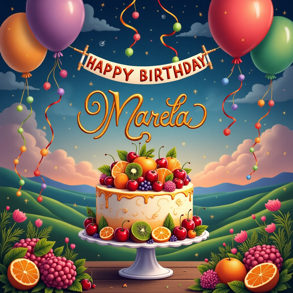 Imagine a whimsical birthday scene bursting with life and color, set in an imaginative landscape. In the center, a classic fruit cake stands proudly on a delicate porcelain cake stand. The cake itself is a vibrant masterpiece, adorned with intricate, hand-drawn details. Plump cherries, glistening slices of kiwi, and vibrant orange segments nestle alongside delicate edible flowers in a rainbow of colors—pinks, purples, and yellows, creating a feast for the eyes. 

Perched atop the cake, the words "Happy Birthday Marela" are artfully piped in swirly, vintage-inspired script, reminiscent of calligraphy from a bygone era. The letters are crafted from shimmering gold icing, which catches the light, making them appear almost three-dimensional.

Surrounding the cake, the background is an explosion of festivity. Spirals of colorful firecrackers burst into the sky, their tails cascading downward in a shower of vibrant sparkles—red, blue, and gold. The firecrackers are intricately detailed, their wrappings showing whimsical patterns and tiny illustrations.

Above, a cluster of balloons bob gently in the breeze, each one a different shade of the rainbow. Their surfaces are textured, appearing almost as if they were crafted from silk, with reflective highlights giving them a lifelike sheen. Tethered to the balloons is a string banner that whimsically loops across the sky, spelling out "Marela" in playful, block letters, each one a different candy-colored hue.

The background itself is an imaginative landscape reminiscent of Maxfield Parrish’s dreamy sceneries, with rolling hills that appear soft to the touch and a sky painted in twilight hues of purples and blues, with clouds that swirl like wisps of cream.

Elements from different art influences are subtly embedded within the scene: the detailed cross-hatching style of Edward Gorey is present in the shadows of the hills, while the fluid line work and delicate floral motifs echo the elegance of Aubrey Beardsley.

The overall composition is dynamic, with a sense of movement and depth, inviting the viewer into a world where a birthday celebration is not just an event, but an artful, vivid experience.
Generated with these themes: "Happy Birthday Marela" on the top of the classic fruit cake with flowers, firecrackers  and balloons visible in the background .
Made with ❤️ by AI.