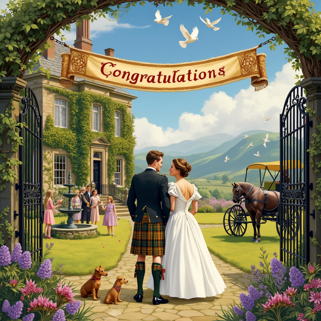 Scottish wedding, Big country house, and Congratulations banner Wedding Card