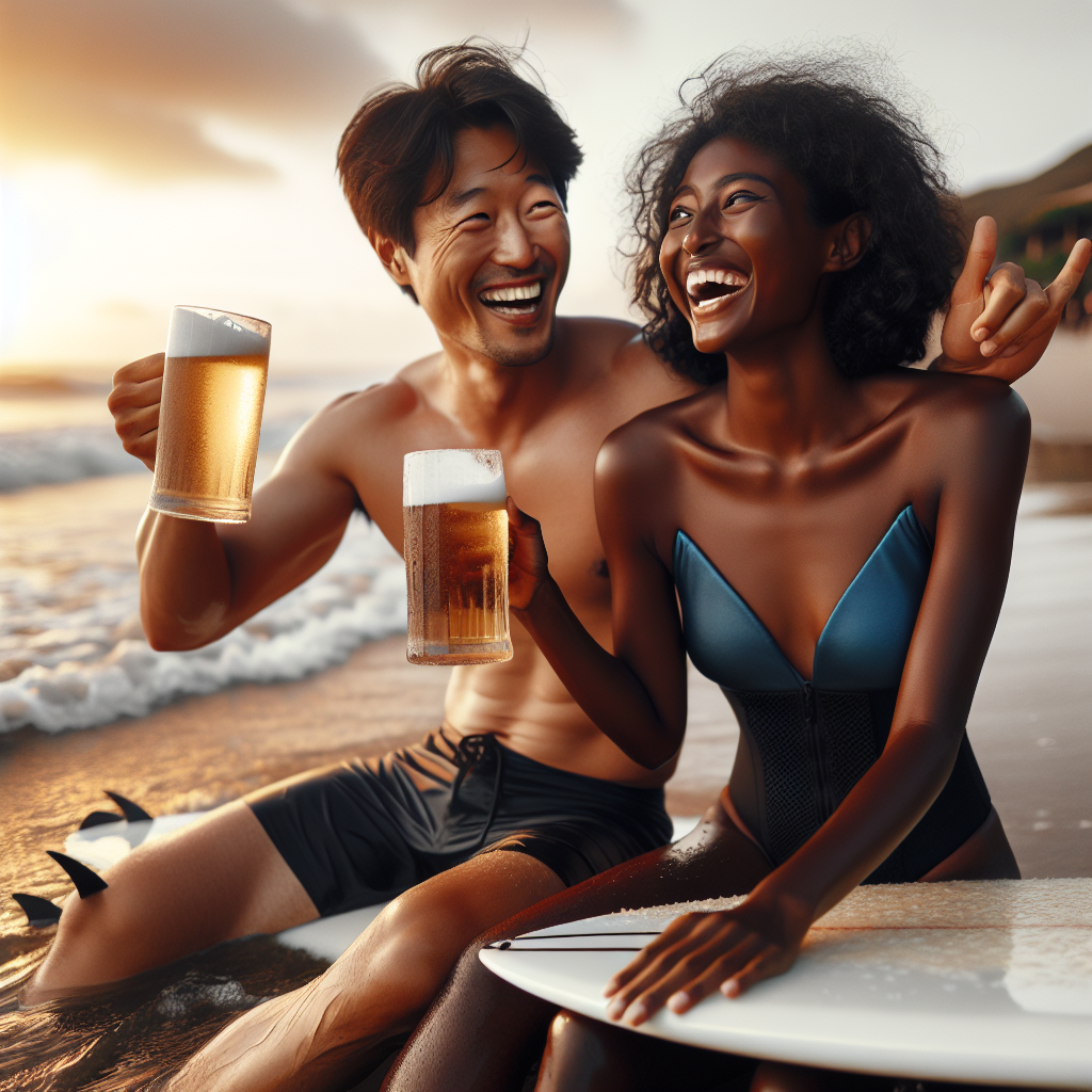 Picture an anniversary celebration of a romantic couple on the beach. An Asian male and a black female, both enjoying surfing lessons as the day rolls on, their sprightly actions resulting in laughter and cheers whenever they catch a wave successfully. Their expressions denote happiness and humor. As the sun starts to dip lower in the sky, the couple are shown intimately sharing stories, each with a refreshing cold beer in hand sourced from a nearby brewery. Both of them are toasting, not only for their achievements in the water but also for their hilarious wipeouts during the day.
Generated with these themes: Surfing, and Beer.
Made with ❤️ by AI.
