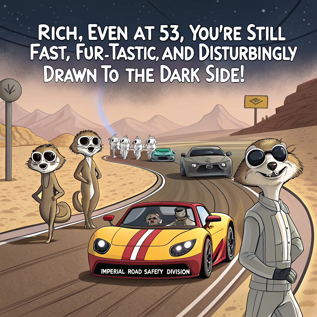 At the top of the image, "Rich, even at 53, you're still fast, fur-tastic, and disturbingly drawn to the Dark Side!"

- Illustrate a zany cartoon desert racetrack scene:  
  — A convoy of sporty, brightly colored cars driven by hyper-excited meerkats in racing goggles, popping out of the sunroofs.  
  — Behind them, a very serious group of Stormtroopers in pristine armor ride scooters labeled "Imperial Road Safety Division" trying to issue speeding tickets.  
  — Rich, depicted as a slightly grizzled meerkat with shades and a 53 badge on his furry chest, drifts stylishly around a corner in a turbocharged convertible shaped like a Stormtrooper helmet.  
  — In the background, cacti wear party hats, and there's a banner strung between two dunes reading “Tatooine Grand Prix: Birthday Edition!”  
  — Confetti and balloons rain down from a tiny TIE fighter piñata exploding in mid-air.
Generated with these themes: Cars, Stormtroopers, Meerkats, and 53.
Made with ❤️ by AI.
