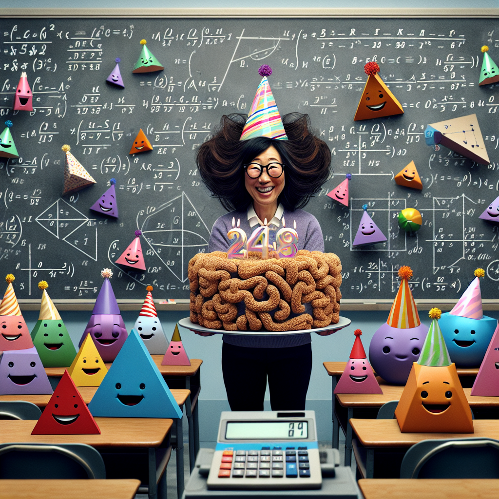 A humorous illustration for a birthday card shows a classroom with a blackboard filled with complex equations. In the center, a math teacher with exaggeratedly messy hair holds an ornate birthday cake in the shape of a calculator. Party hats sit atop the heads of geometric shapes like triangles and circles, which double as cheerful students.
Generated with these themes: Maths/Teacher.
Made with ❤️ by AI.