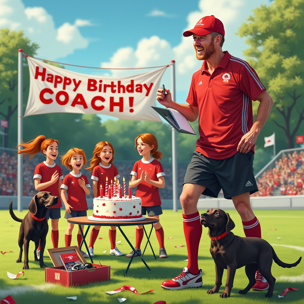 In a lush, green soccer field under a cerulean sky, a 50-year-old ginger-haired male soccer coach, wearing a vibrant red baseball cap with the FC Redwing logo, stands animatedly on the sidelines. His freckled face beams with excitement as he holds a whistle in one hand and a clipboard in the other. On the field, a group of girls in FC Redwing uniforms – bright red jerseys with white stripes, black shorts, and matching red socks – are gathered around a large birthday cake shaped like a soccer ball, placed on a folding table decorated with balloons and streamers in red and white.

The girls, with their ponytails bouncing, are clapping and singing "Happy Birthday" to the coach. Two realistic Labradors, one black and one brown, are playfully frolicking nearby. The black Labrador has a small red bandana tied around its neck and is joyfully chasing a soccer ball, while the brown Labrador, wearing a small party hat, is curiously sniffing the cake table.

Behind the scene, a simple banner strung between two goalposts reads "Happy Birthday Coach!" in bold red letters. On the ground near the banner, there is an open gift box with red wrapping paper scattered around, revealing a new pair of soccer cleats and a framed team photo with "FC Redwing" emblazoned at the top. In the background, the stands are dotted with cheering supporters holding up signs and waving flags, their faces partially visible, adding to the festive, celebratory atmosphere of this joyous birthday soccer scene.
Generated with these themes: Soccer, Red baseball cap , Ginger 50 year old male soccer coach , Girls soccer , Fc redwing, Birthday, Black Labrador realistic, and Brown Labrador realistic.
Made with ❤️ by AI.