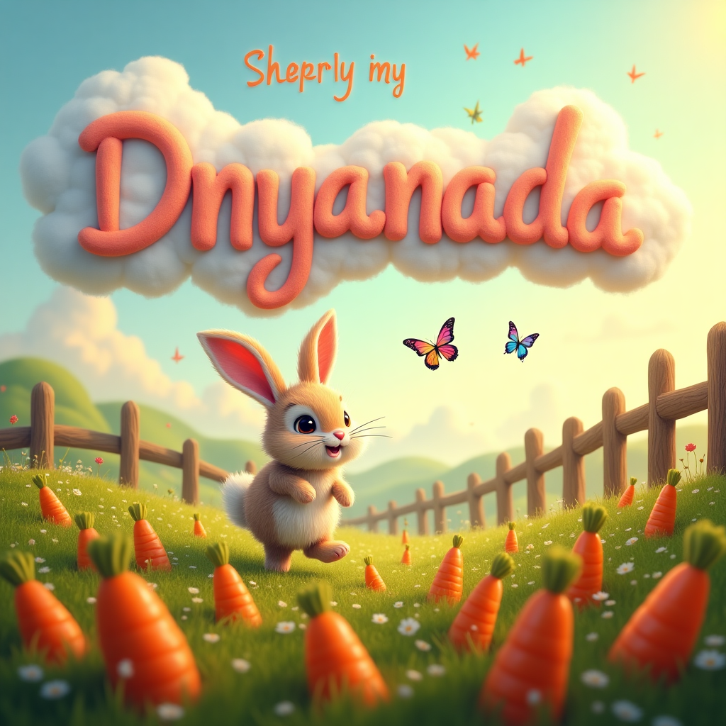 In the enchanting world of your birthday card, a cute, fluffy bunny with large, expressive eyes and a soft, velvety coat hops merrily across a lush, sprawling carrot field. Each carrot is artistically exaggerated, with their vibrant orange bodies sprouting bright green tops that sway gently in a whimsical breeze. The scene is alive with the gentle glow of a golden afternoon sun, casting playful shadows across the field. In the sky above, a cluster of fluffy, cotton candy-like clouds float lazily, and one of these clouds has taken the delightful shape of the name "Dnyanada," carefully crafted as if the letters themselves are puffy clouds, each one curling and stretching across the sky. Around the bunny, butterflies with iridescent wings flit and flutter, their colors a dazzling array of blues and purples, adding a sense of lively movement to the scene. A quaint wooden fence, charmingly crooked and dotted with tufts of wildflowers, borders the field, while in the background, distant rolling hills fade into soft pastels as the sun dips lower. The overall scene captures a magical moment, celebrating Dnyanada with a touch of nature’s beauty and whimsy, inviting her into this charming birthday wonderland.
Generated with these themes: Cute bunny hopping on a carrot field.
Made with ❤️ by AI.
