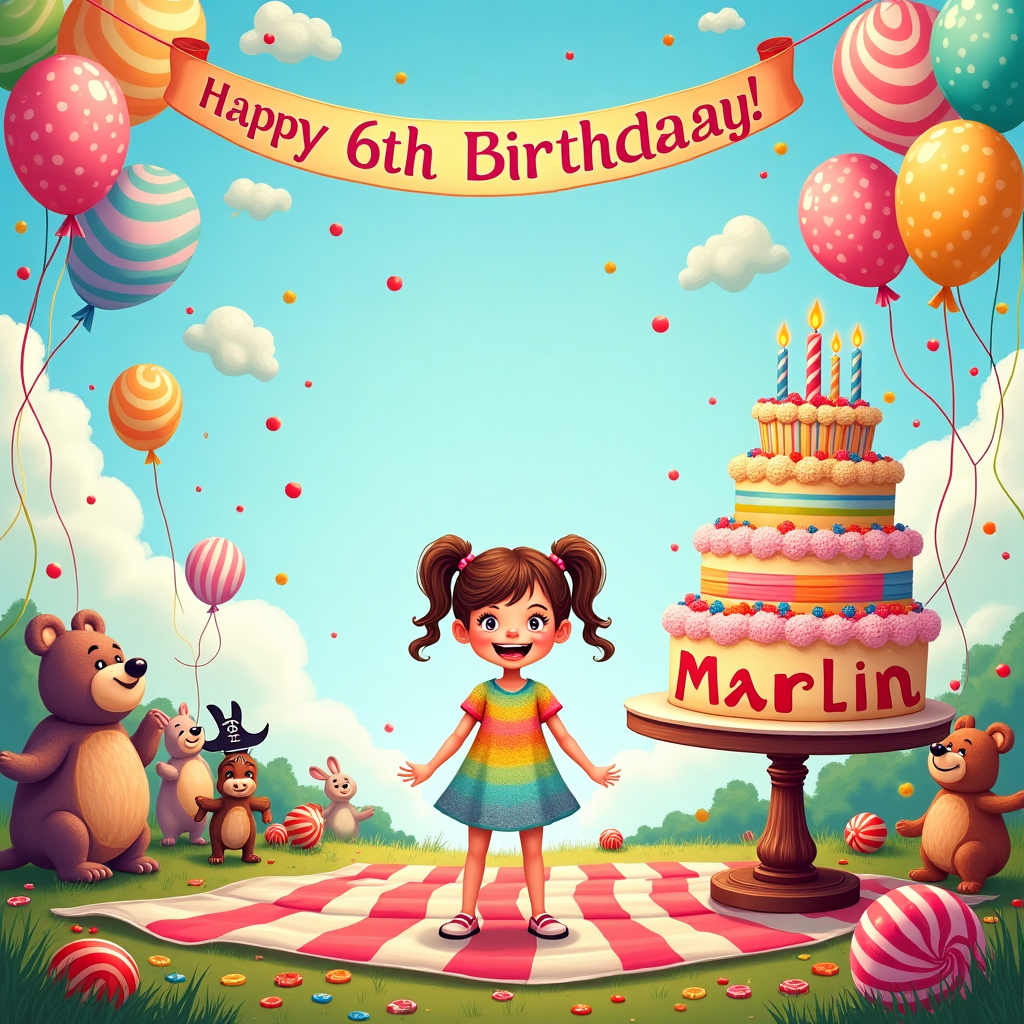 6th Birthday party, 6 year old girl brown hair, Party decorations, Candy, Lollipops, and Empty space on the bottom to write text Birthday Card