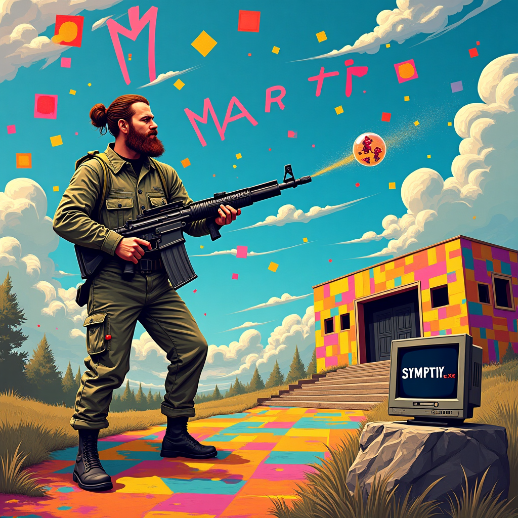 The scene is a whimsical and abstract battlefield where the elements of an airsoft skirmish blend into a digital universe and an imaginary army of pixels. The setting features a patchwork of geometric forms reminiscent of Mondrian’s grids, with bright and bold rectangles and squares overlapping one another to create an artificial landscape. In the center, a bearded man, whose beard curls in rhythmic spirals like Cy Twombly’s whimsical lines, stands heroically. His camo outfit is composed of interlocking Pollock-esque splashes of neon paint, giving him an unconventional yet charismatic appearance. In one hand, he clutches an airsoft gun that humorously squirts bubbles instead of pellets, each bubble containing a tiny pixelated army figure saluting as it floats upwards. The sky above is a Rothko-inspired gradient of deep blues and purples, in which the name "Martin" is artfully scattered amongst the clouds, written in wispy, fluffy lettering as if the letters themselves are part of the cloud formations. The ground is not ordinary earth but a de Kooning-esque mix of digitized, colorful brushstrokes that resemble a computer’s motherboard interspersed with grassy textures. Off to one side, an old computer monitor sits on a rock, displaying the words “Sympathy.exe” in bold type, further incorporating the computer theme. In the background, a simplified army barrack made of triangles and rectangles stands, its walls adorned with vibrant Miro-inspired motifs, providing a playful backdrop to this sympathy card that blends humor and art with heartfelt creativity.
Generated with these themes: Bearded man, Airsoft, Computer, and Army.
Made with ❤️ by AI.