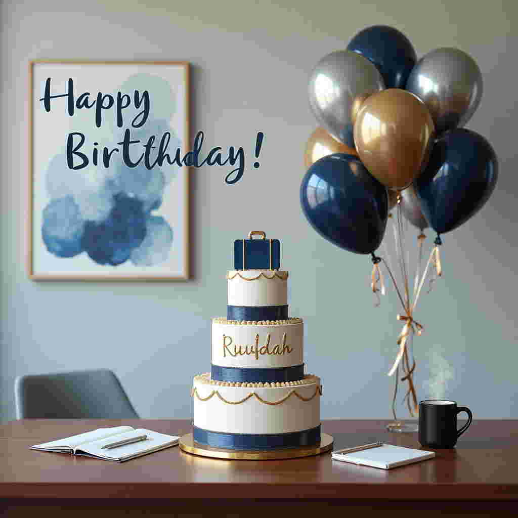 Front Cover Design:

Scene Description:

The setting is a bright and modern office space, expertly combining professionalism with a touch of festivity. 

1. **Background**: A sleek office wall, painted in a subtle light grey color, serves as the backdrop. On the wall, there's a stylish abstract art piece in shades of blue and silver, adding sophistication.

2. **Table**: At the center of the scene is a long, polished mahogany table with a rich, deep brown hue. It's adorned with a subtle sheen that catches the light.

3. **Cake**: Dominating the table is an elegant, three-tiered birthday cake. The base is a classic white fondant with intricate gold piping that spirals upward. Each tier is separated by a thin band of royal blue ribbon. The top of the cake features a small, lifelike fondant replica of a laptop and a briefcase. On the side of the cake, in delicate, gold script, it reads: "Rufidah".

4. **Balloons**: To the right of the cake, a cluster of balloons floats gracefully above the table. They are in a sophisticated color palette of metallic silver, navy blue, and gold, with a few transparent ones sprinkled in. Each balloon is tied with a slender gold ribbon.

5. **Additional Elements**: Scattered across the table are a few small items like a silver pen and an open notebook with blank pages, hinting at a pause from a busy day. A sleek black coffee mug with a steaming top adds to the realism.

6. **Text Placement**: Above the scene, in a professional yet playful font, the words "Happy Birthday" are printed in navy blue. Below this, subtly woven into the design, is the name "Rufidah", inscribed in an elegant cursive on a golden banner that drapes slightly over the top tier of the cake.

The overall design should convey a balance of professional elements and birthday cheer, rendered in a realistic photographic style with meticulous attention to lifelike details and a refined color palette.
Generated with these themes: Cake, Professional, balloon, table,.
Made with ❤️ by AI.