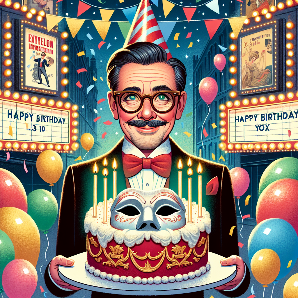 A playful birthday illustration, harmoniously weaving together the charm of a bespectacled male politician with the glamour of classic theatre productions. At the center, a caricature of this politician, of Caucasian descent and distinct facial hair, dons a festive party hat and holds a birthday cake shaped like a dramatic theatre mask - a staple of performances like 'The Phantom of the Opera'. Colorful balloons and confetti abound around him, with the twinkle of vintage theatre marquee signs forming an enchanting backdrop.
Generated with these themes: Gerry Adams, and West End Musicals.
Made with ❤️ by AI.