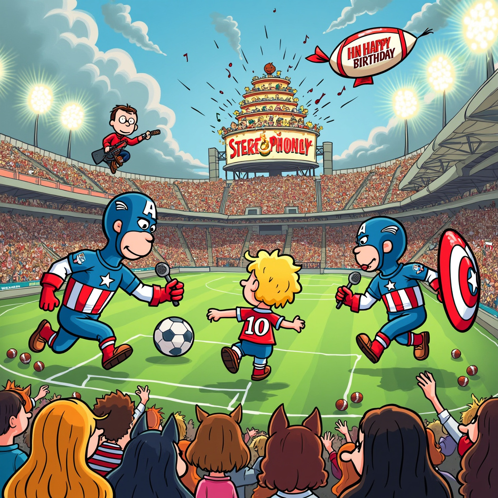 The front cover of the birthday greeting card is a bustling, cartoonish stadium, brimming with excitement. The scene is split into four distinct sections, each bringing together the requested themes in a lively and cohesive narrative.

In the bottom left corner, a lively football match is underway. The players, drawn with a whimsical touch reminiscent of Charles Schulz's Peanuts, include the birthday celebrant dressed in a jersey with the number '10' and a Captain America shield as a shin guard. The football itself has a playful face, showing it’s not just any ordinary match.

Next to the football action, Captain America is energetically commentating the match. He’s wearing his iconic red, white, and blue suit, but instead of his usual shield, he's holding a large, exaggerated microphone, his expressive face drawn in the dynamic style of Walt Disney. 

On the bottom right, a rock concert is in full swing. The stage features the Stereophonics, but they're drawn in the manga-inspired style of Osamu Tezuka. They are playing their instruments with an over-the-top energy. The band's logo is prominent on the drum kit, which features a comically oversized mallet crashing down on it.

Overlooking the stadium from a blimp, is a caricature of Ron Burgundy from Anchorman, binoculars in hand and a surprised expression on his face. The blimp has “Stay Classy” written on the side in large, playful letters. Burgundy's mustache and red suit are unmistakable, his exaggerated features giving him a comedic appearance.

In the background, a massive birthday cake sits on top of the stadium scoreboard, reminiscent of Bill Watterson’s Calvin and Hobbes surrealist approach. The cake is decorated with footballs, Captain America shields, musical notes, and microphones. It has layers resembling a colorful comic book panel.

On the upper left of the scene, in a nod to Gary Larson’s The Far Side, there is a small section of the crowd filled with anthropomorphic animals, also enjoying the spectacle. Each animal holds a tiny flag representing the different themes – a football, a shield, a guitar, and a news mic.

The sky above is filled with vibrant fireworks in the shapes of footballs, Captain America shields, guitars, and microphones, capturing the celebratory essence of the birthday. A playful cloud, styled like Hergé’s Tintin, in the shape of the number of the birthday year, floats cheerfully above the scene.

All these elements come together in a visually captivating, humorous, and incredibly detailed birthday greeting card cover, telling a unique and entertaining story.
Generated with these themes: Football, Captain America , Stereophonics, and Anchorman.
Made with ❤️ by AI.
