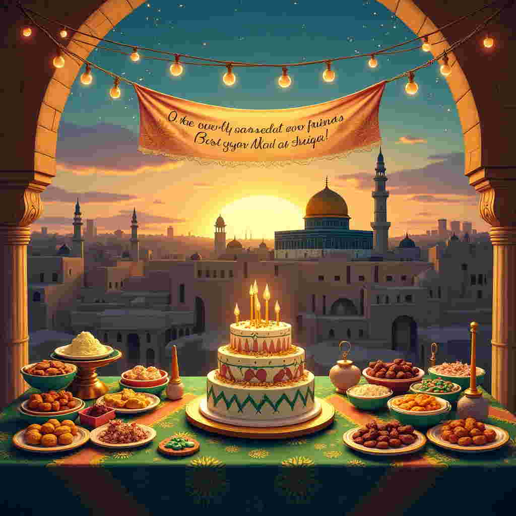 The front cover of this birthday-themed greeting card is a vibrant and detailed scene that seamlessly integrates the themes of celebration and spirituality. The focal point is a beautifully detailed photograph-style illustration of the iconic Masjid Aqsa, its majestic golden dome glistening in the soft, warm glow of a sunset. The dome is surrounded by intricate architectural details, with its distinctive arches and stone walls visible.

In the foreground, a festive birthday celebration is in full swing. A long, elegantly set table is adorned with a variety of delicious Middle Eastern dishes, each meticulously detailed with rich colors and textures. Platters of hummus, tabbouleh, falafel, and baklava are arranged alongside colorful ceramic plates and golden cutlery. The tablecloth is an ornate design with shades of deep green and gold.

At the center of the table is a grand birthday cake, its tiers decorated with miniature edible renditions of the Masjid Aqsa and small, delicate sugar dates and crescent moons. The cake is a soft cream color, accented with emerald green icing and gold embellishments.

Suspended above the scene is a beautifully crafted banner, its fabric flowing gently in the imagined breeze. The text "Wishing family and friends A very blessed Ramadan 2025 from Naureen and family. Do keep us in your prayers. May Allah make it easy for all" is elegantly written in an intricate calligraphy style. The letters are a shimmering gold against the deep twilight sky, where stars begin to twinkle.

In the background, the sky transitions from the warm hues of sunset to the cool blues and purples of dusk, dotted with the first stars of the evening. Silhouettes of minarets and domes gently fade into the horizon, adding depth to the scene. The overall composition creates a harmonious blend of celebration and reverence, inviting the viewer to enjoy both the joyous and the sacred.
Generated with these themes: Masjid Aqsa .
Made with ❤️ by AI.