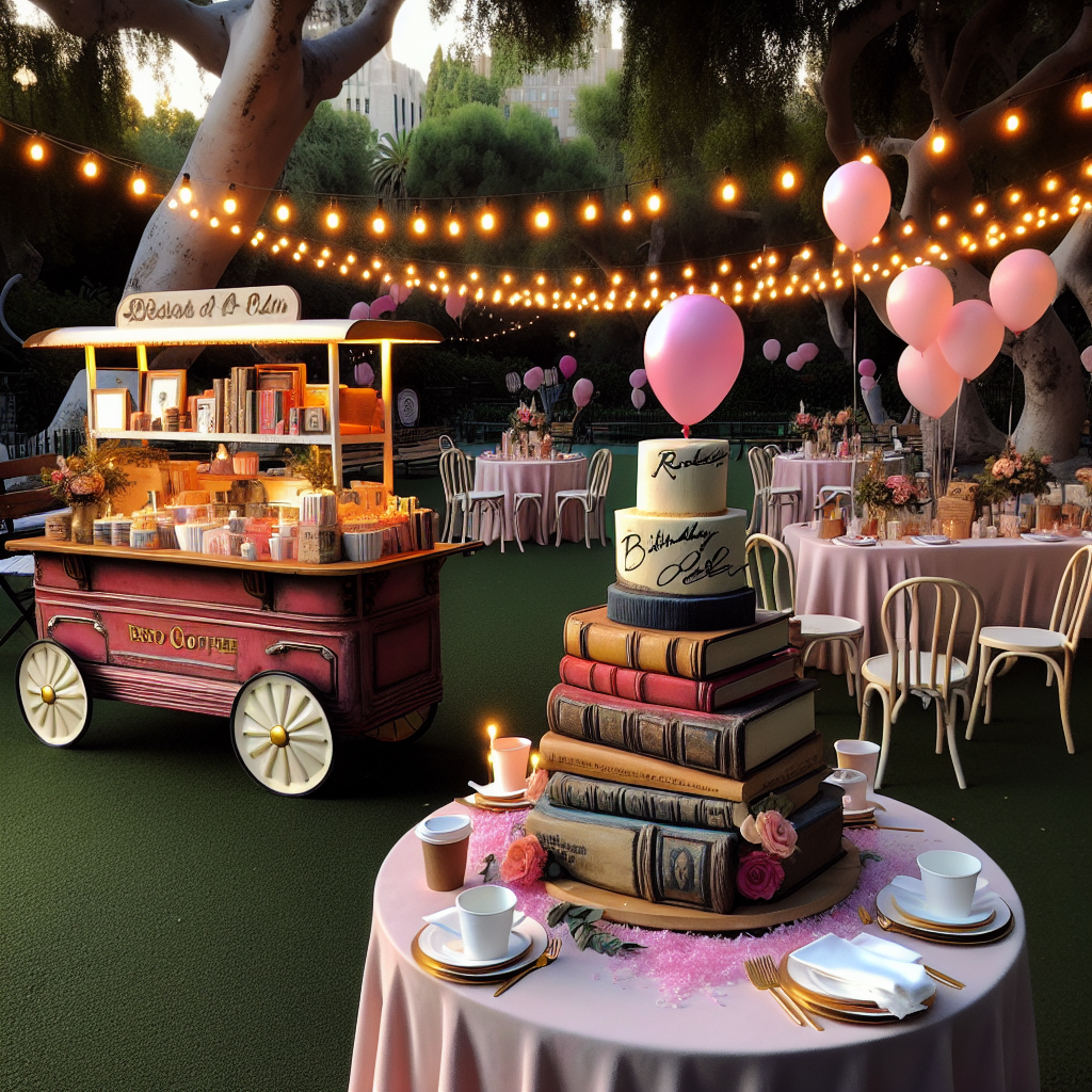 A charming outdoor space morphs into a pop-star inspired retreat for book enthusiasts, set up for an adorable birthday celebration. Pink streamers and balloons flutter gently in the wind, mingling with string lights that bathe the area in a warm, welcoming light as dusk nears. Centered in the park, a retro coffee cart steams with the scent of robust coffee, perfect for savoring during a peaceful park run or while browsing a range of beloved books arranged carefully on park benches. Returning from the run, guests approach an elegantly arranged table flaunting a birthday cake designed like an aged book, complete with the signature of a beloved pop singer running down its 'spine' — a sweet homage to the birthday person's favorite passions.
Generated with these themes: Taylor Swift, Pink, Books, Park run, and Coffee.
Made with ❤️ by AI.