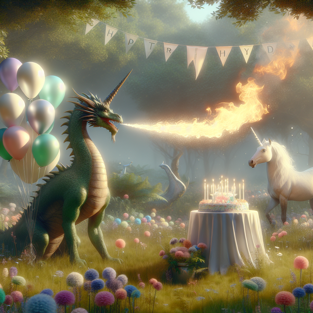 A harmonious birthday celebration is set in a tranquil, verdant meadow. Involved in the festivities is a realistic-looking and subtly-colorful dragon, blowing thin trails of fire that create whimsical shapes in the sky. A unicorn, its skin reflecting the soft ethereal light, adds to the ethereal charm of the celebration. There's a penetrative feeling of spiritual energy in the atmosphere, making it feel as though the scene is a figment from a dream. Elegantly-designed and mystically-influenced balloons float around, diffusing a sense of enchantment. The pointy horn of the unicorn emits a diluted glow, further escalating the enchanting aura of the birthday celebration, almost blurring the boundaries between the concrete and the illusive.
Generated with these themes: Dragon, Unicorn, and Spiritual.
Made with ❤️ by AI.