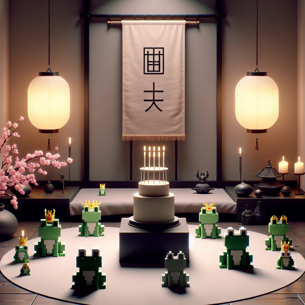 Visualize a solemn birthday-themed room. The ambiance should be subdued, with a muted color palette dominating the decor. Across the room, various carefully arranged frog figurines take center stage, some adorned with pixelated crowns or swords as a homage to classic computer games. Sprinkles of Japanese culture should be visible, suggested by delicate cherry blossom branches dotted around the room and traditional lanterns releasing a soft light. At the center of the room, a minimalist cake elegantly rests on a sleek, black stand, basking under the lanterns' warm glow.
Generated with these themes: Frogs, Computer games, and Japan.
Made with ❤️ by AI.