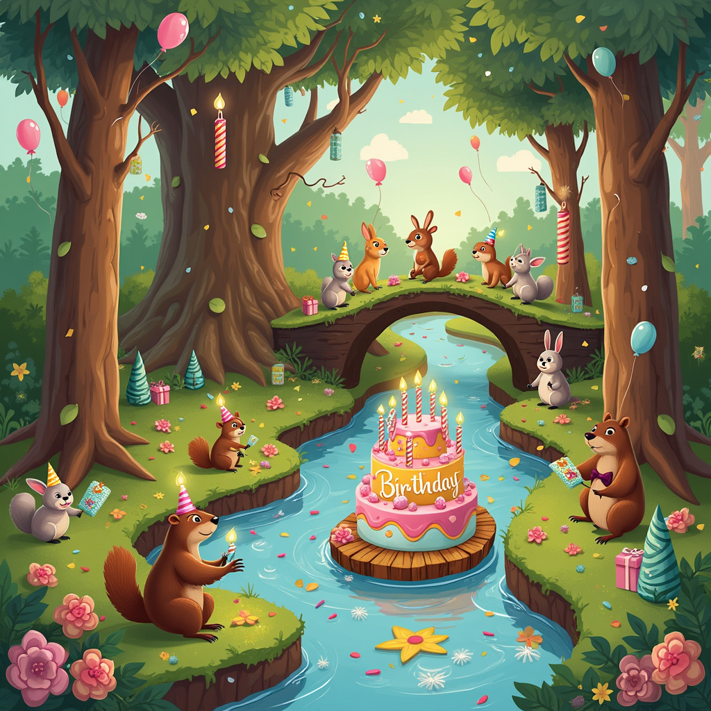 The scene is set in a whimsical forest where the trees have trunks shaped like birthday candles, complete with wavy, colorful icing patterns and lit flames on top that never melt. These candle trees line a gently winding river that flows with glittery, rainbow-colored water. Along the riverbanks, you’ll find mischievous squirrels wearing tiny party hats, tossing confetti made from leaves. 

In the middle of the river, there’s a birthday cake raft floating downstream, loaded with an assortment of whimsical creatures like frogs playing tiny trumpets and birds holding streamers in their beaks. The cake raft itself has multiple tiers, each one topped with frosted details like miniature forests and rivers to echo the overall scene. 

A friendly beaver sits by the water’s edge, wearing a bow tie and using a log to carve out a "Happy Birthday" sign in cursive letters, his wooden shavings scattering around him. The sky above is filled with balloons tied to the branches of the candle trees, and some balloons have faces that grin joyfully as they bob around. 

In the background, there’s a majestic tree that stands taller than the rest, its branches forming an archway over a small bridge made of candy canes and gumdrops that crosses the river. A line of forest animals—rabbits, deer, and even a bear—marches across the bridge carrying wrapped presents and wearing party hats, headed toward a larger clearing where a grand birthday party seems to be set up, complete with a piñata shaped like a tree. 

This lively and fantastical scene captures the essence of a birthday party seamlessly blended with nature's charm, creating a magical experience for the birthday card recipient.
Generated with these themes: Trees, and Rivers.
Made with ❤️ by AI.