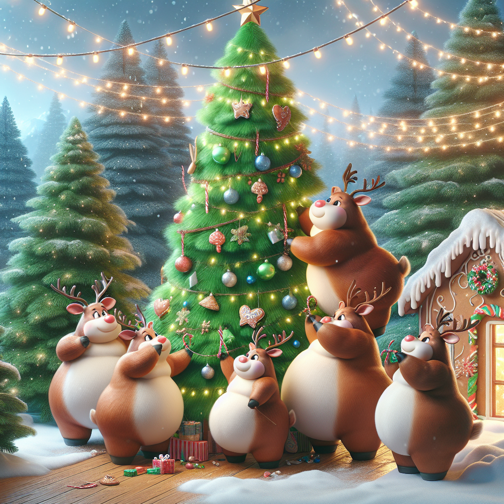 This adorable Christmas themed illustration features a group of pudgy cartoon reindeer engaging in decorating a lusciously green Christmas tree. With their tiny hooves, they hang miniature baubles and ribbons, their antlers entangled in strings of glowing fairy lights. The background is softly filled with falling snow, giving the impression of a cozy winter evening. A gingerbread house sits off to the side, its icing and candy canes contributing to the festive atmosphere.
Generated with these themes: Decorations.
Made with ❤️ by AI.