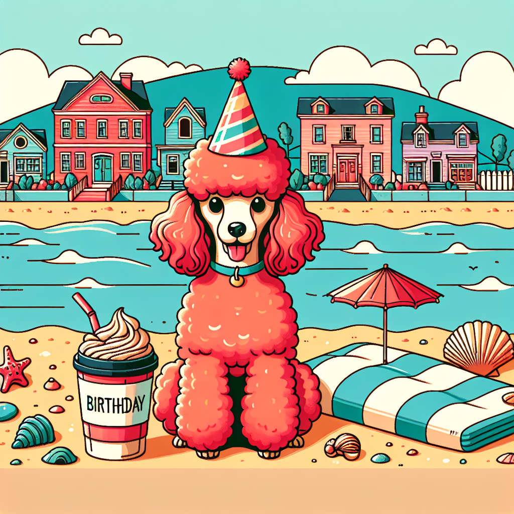 Generate an illustration that showcases a birthday-themed composition in a cute vector art style. The leading figure is a delightful red poodle adorning a vibrant birthday hat. The setting is the scenic coastal town, imagined with pastel-colored homes contrasting the landscape. Emphasizing the beachside setting, include sand, shells, and a serene view of the ocean. Finalize the scene with elements that represent a relaxed day at the beach: a striped beach towel and a tasty latte contained in a portable cup, enhancing the celebratory mood.
Generated with these themes: Red poodle , Tenby,  , Latte, and Seaside .
Made with ❤️ by AI.