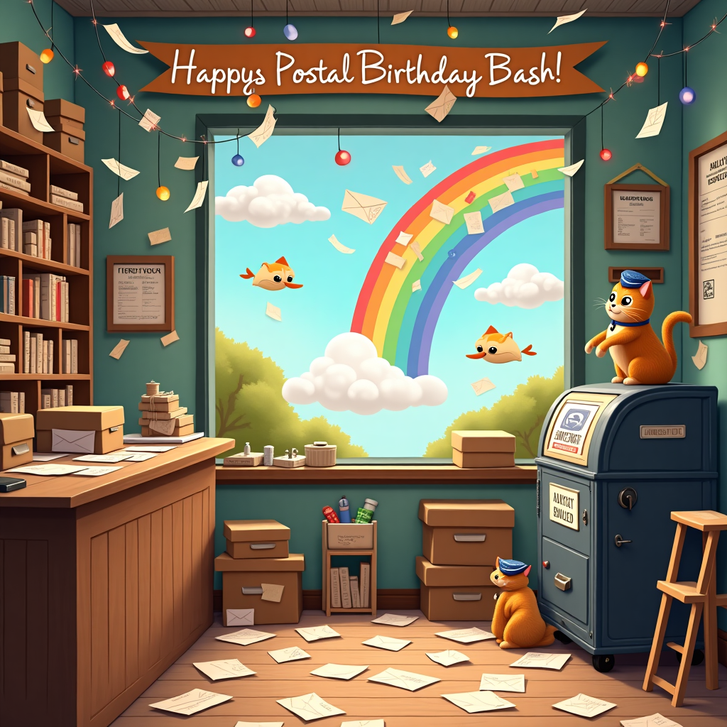 In the whimsical world of postal delight, our scene unfolds in a quaint, nostalgic post office brimming with character and chaos, reminiscent of the TV series "Signed, Sealed, Delivered." The post office's wooden counter is laden with parcels and letters, each with a unique stamp featuring a cartoon version of Colin's face, providing a humorous touch. In the corner, an antique sorting machine whirs to life, spitting out confetti that spells "Happy Birthday, Colin" in vibrant, multicolored letters that float gently down to the floor. The ceiling is a cascade of envelopes suspended from invisible strings, each addressed to Colin, creating a playful canopy. A mischievous tabby cat wearing a tiny mail carrier hat perches on top of an old-fashioned mail trolley, batting at a hanging string of lights shaped like miniature postboxes. On a wall of cubbyholes filled with undelivered letters, a large, colorful banner reads "Colin's Postal Birthday Bash," fluttering slightly in a draft from an open window. Through the window, a cartoonish sky is painted with fluffy clouds that form the words "Signed, Sealed, Celebrated" as a nod to the series, with a vivid rainbow arching over, guiding whimsical paper airplanes carrying birthday wishes towards a smiling sun. The scene bursts with vibrant details, inviting Colin to step into a world where every letter, package, and quirky postal artifact celebrates his special day.
Generated with these themes: Tv series signed, sealed, delivered.
Made with ❤️ by AI.
